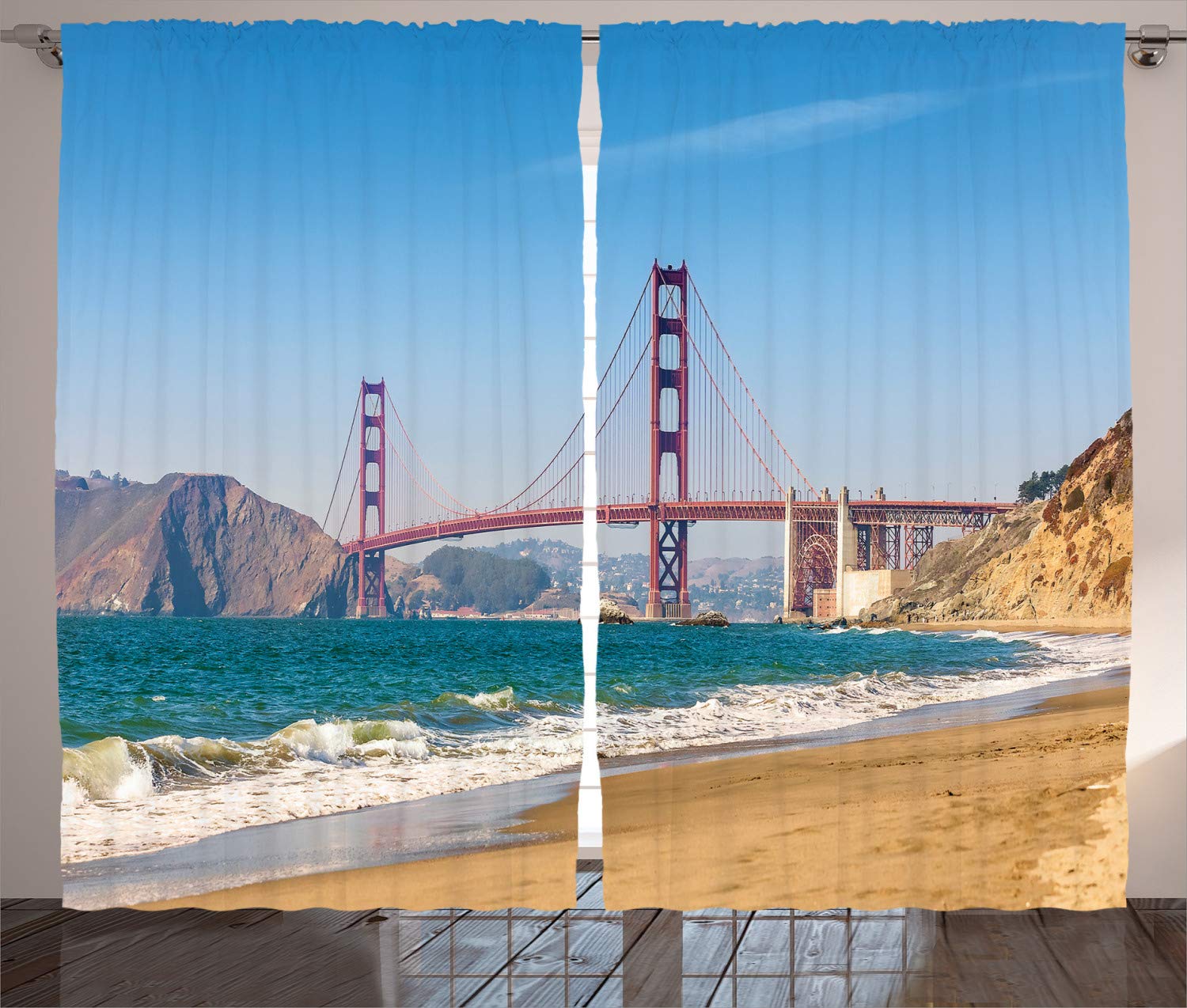 Ambesonne Landscape Curtains, Panoramic View of Golden Gate Bridge San Francisco Coastline Nature Seascape, Living Room Bedroom Window Drapes 2 Panel Set, 108" X 90", Blue Turquoise