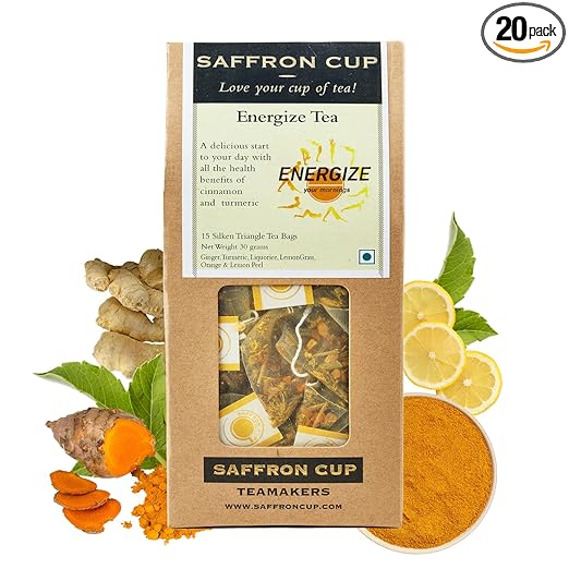 Ginger and Turmeric Herbal Tea | Energize Tea | Blended with Ginger & Turmeric, Lemongrass, Lemon Peel, Orange Peel | Relieves Chronic Pain, Reduces Nausea & Improves Immune Functions |Tea Bags 20 Cups | Health Tea | 100% Natural Teas