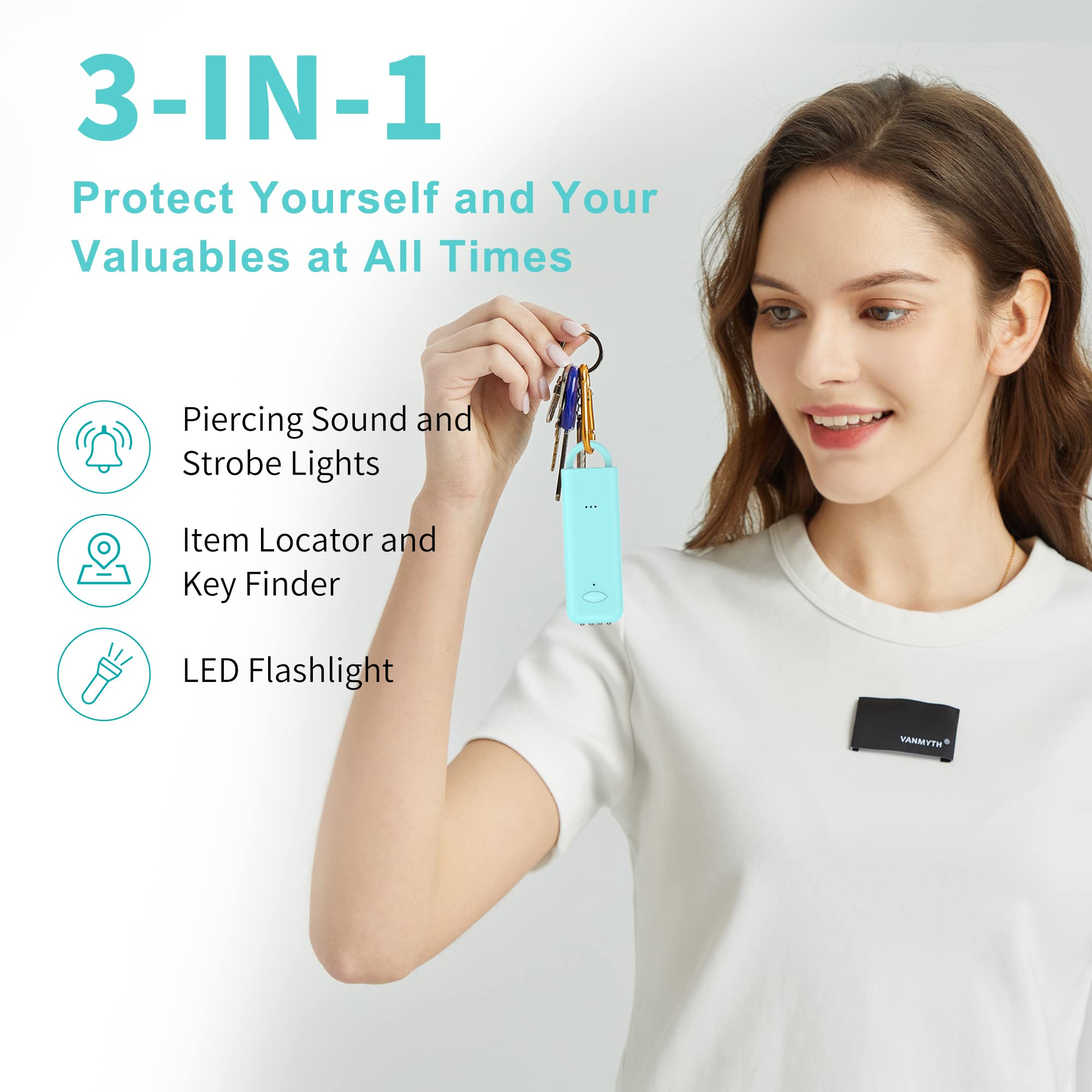 Allarme personale, portachiavi di sicurezza da 130 dB, compatibile con Apple Find My App (solo iOS, Android non supportato), localizzatore Bluetooth e cercatore remoto, torcia LED e luci