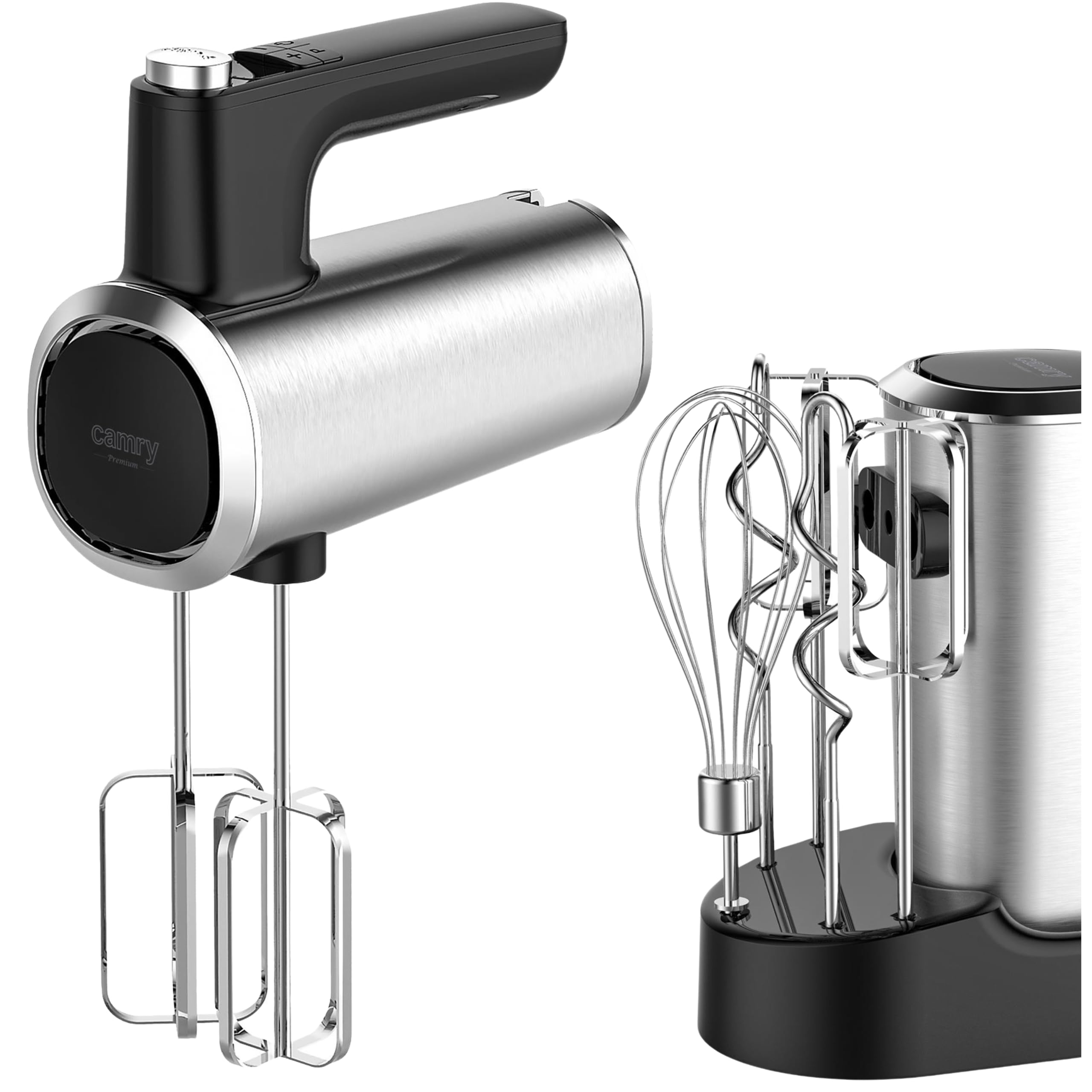 CAMRY batteur electrique cuisine à main avec unité de rangement – 5 vitesses Turbo – 900W – 3 embouts en acier inoxydable crochets pétrisseurs, fouets fouet electrique – Puissant et polyvalent