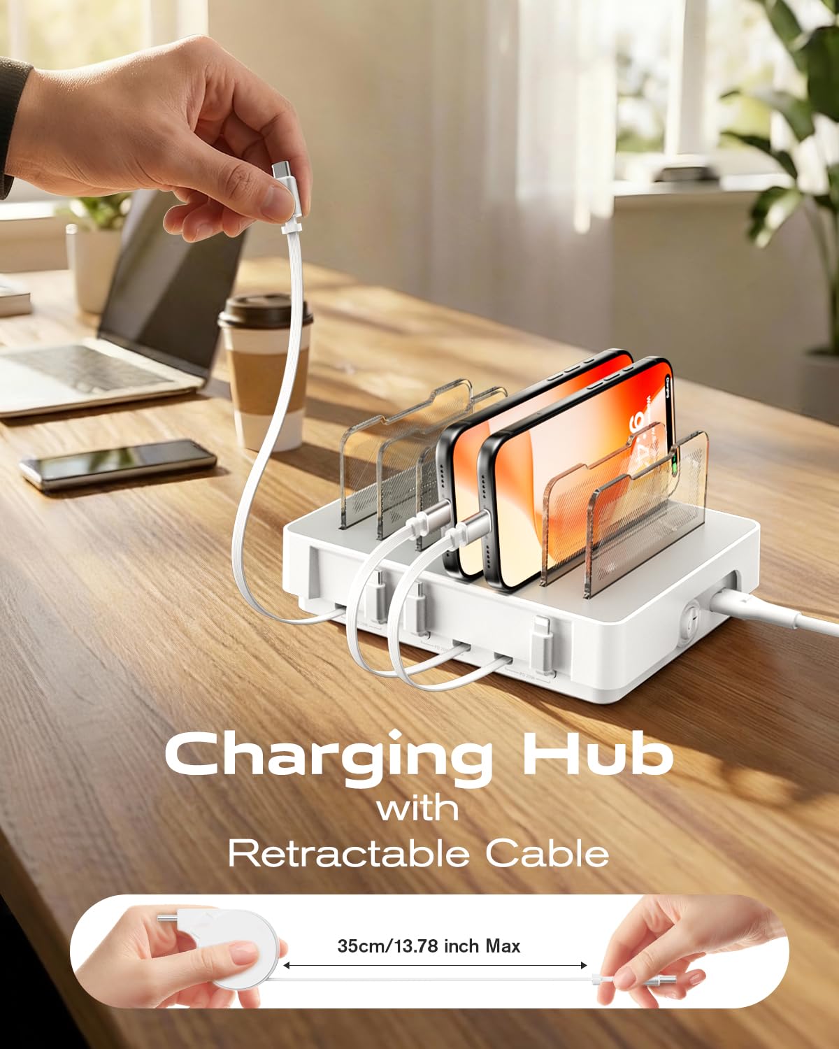 SooPii HomeHub H1, stazione di ricarica da 60 W per più dispositivi con 4 cavi magnetici retrattili da C a C e 2 da C a iP, organizer per caricabatterie per iPhone 17/16, tablet, Samsung, AirPods e