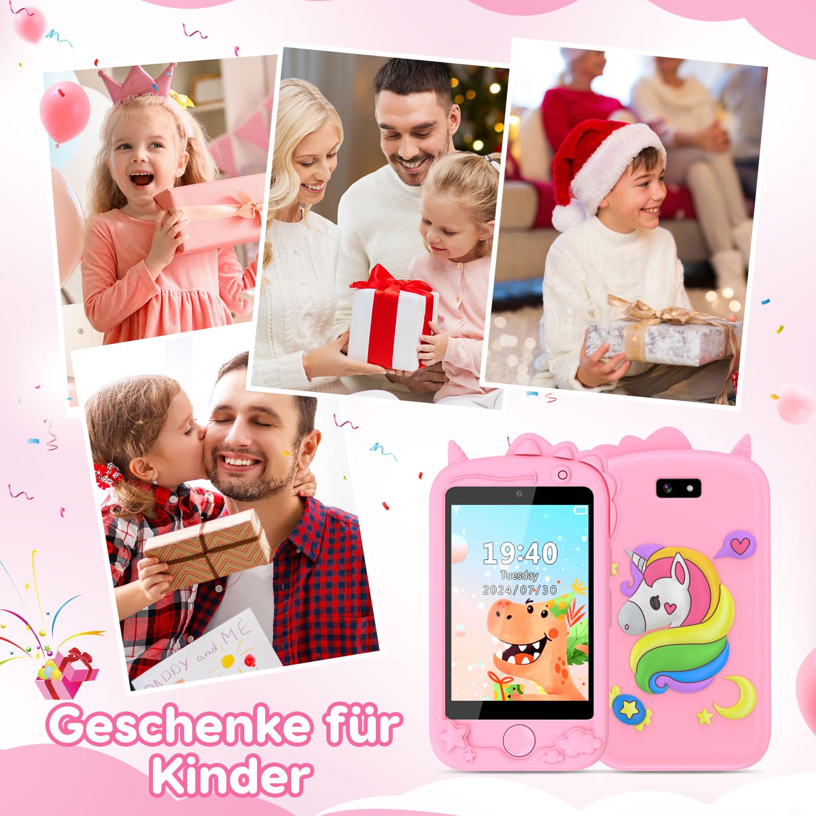 Kinder Handy, Kinder Kamera, Kinder Smartphone, Kinderhandy Spielzeug Mit Telefonkarte, Mit 28 Spiele Anruf SOS Kamera Musik Wecker. Einhorn-Geschenkspielzeug 3-9 Jahre Geschenke (Rosa)