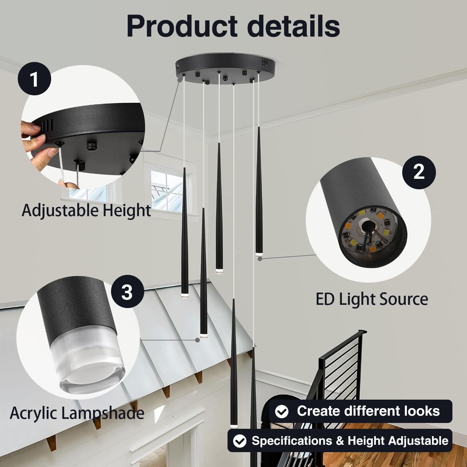 Lámpara de araña de tubo ajustable de 79 pulgadas, 6 luces, color negro, moderna, con forma de cono agrupado, lámpara colgante en espiral, regulable, accesorios de iluminación LED para villa,