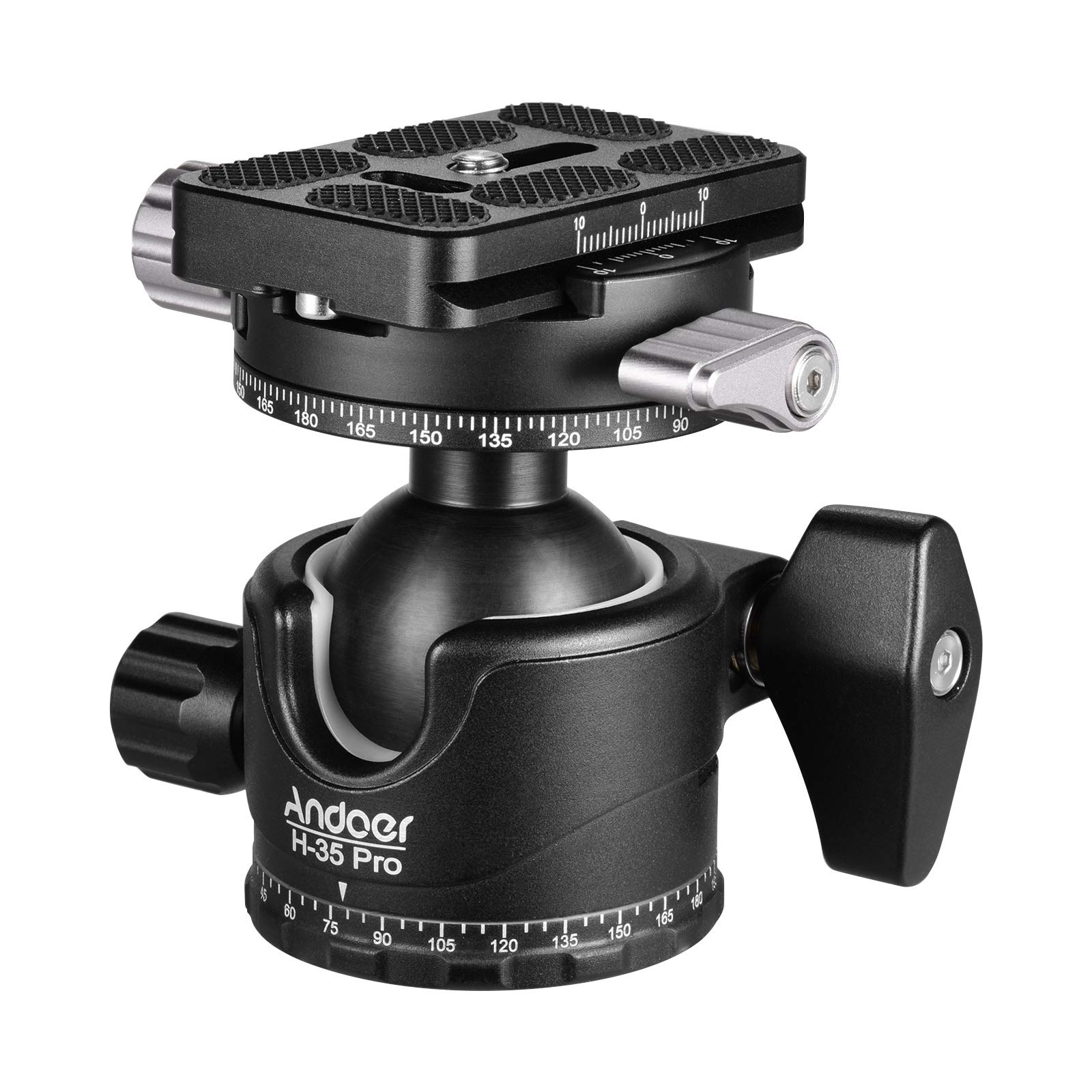Andoer H-35 Pro Panorama Ballhead Testa a sfera Adattatore per treppiede Centro a bassa gravità con doppia scala panoramica Scanalatura a U Lega di alluminio Max. Capacità di carico di 15 kg