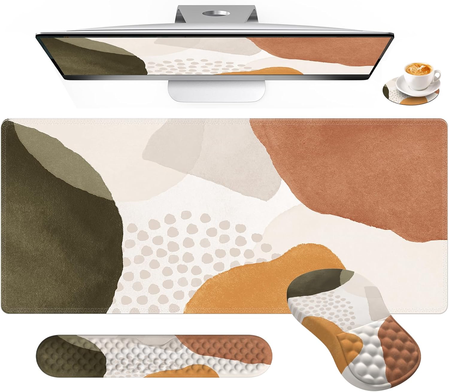 HAOCOO Desk Mat, Ergonomic Mouse Pad Wrist Support and Keyboard Wrist Rest, 4 PCS Computer Mouse Pads for Desk with Coaster Set, Memory Foam Mousepad with Non-Slip PU Base for Home Office, Boho