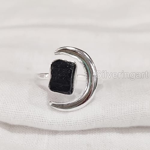 Natural Black Tourmaline Ring, Rough Tourmaline Crescent Moon Adjustable Ring, October, 925 Sterling Silver, Womens Ring, Christmas, Handmade,