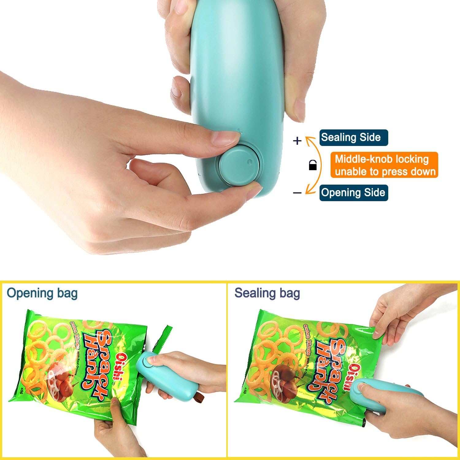ColorGo Chip Bag Sealer, 2 in 1 Hand Held Mini Portable Heat Sealer for Plastic Bags Food Storage Resealer with Safety Lock [Upgrade Version & Patent Protect]