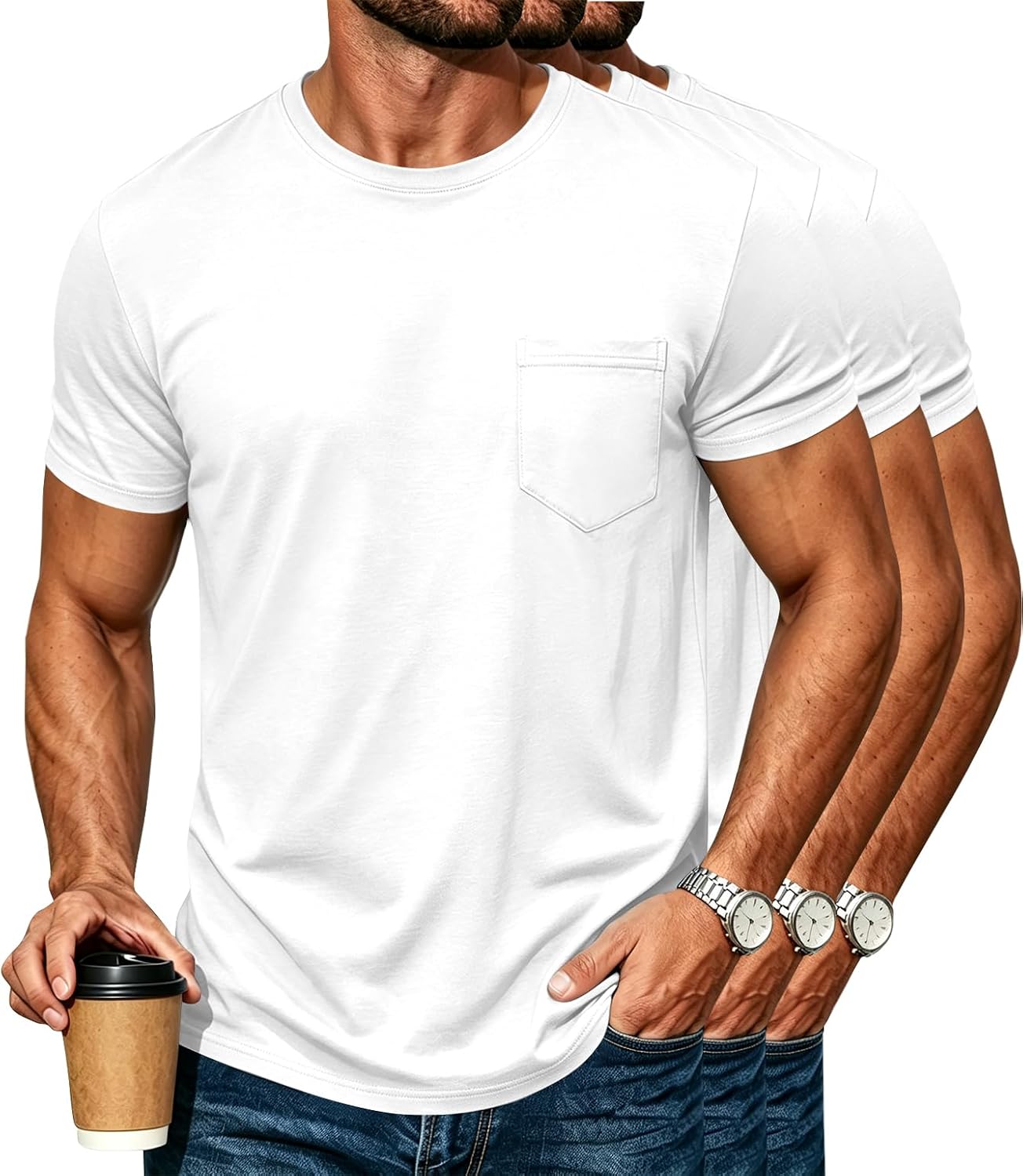 3 Pack Mens Cotton T Shirts Short Sleeve Crewneck Shirts for Men Pocket Tshirts Casual Lightweight Summer Basic Tees
