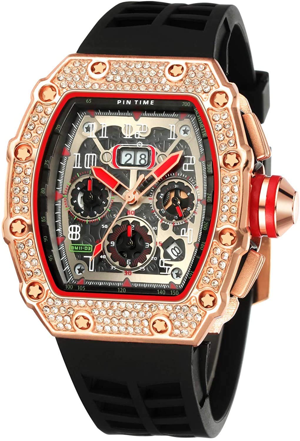 Mens Diamond Watches Luxury Tonneau Watches for Men Analog Watch Chronograph Calendar Date Mens Dress Business Work Watch Large Rectangle Face Wristwatch with Silicon Strap