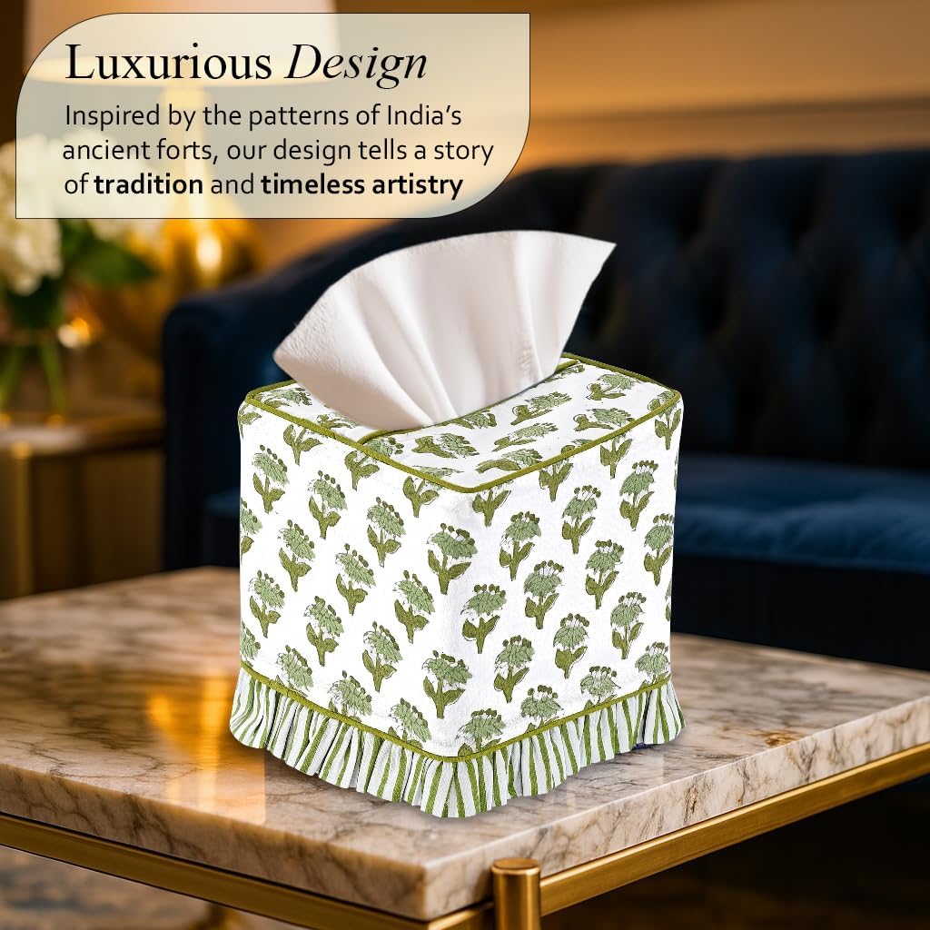 CPC Emerald Green Hand Block Print Cotton Ruffle Tissue Box Cover 4.5"x4.5"x5"Inch, Square Decorative Tissue Holder Cover for Bathroom, Living Room, Bedroom, Home Décor, Vanity, Car Gift for Summer