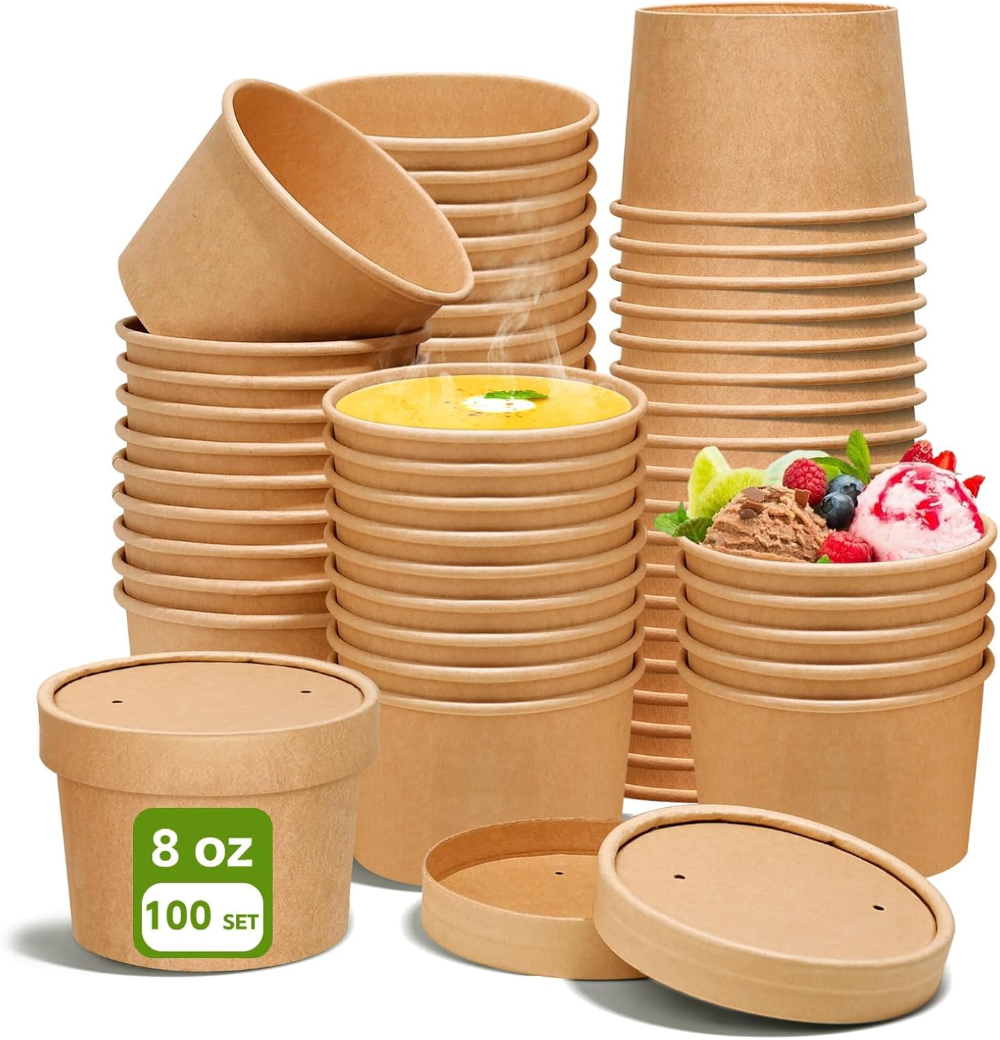 8oz Paper Soup Containers with Vented Lids, Disposable Soup Bowls Hot Soup Cups Kraft Ice Cream Containers Snack Bowls, Paper Food Containers with Lids for Restaurants Party (100 Pcs - Kraft, 8 oz) 100 Pcs - Kraft 8 oz