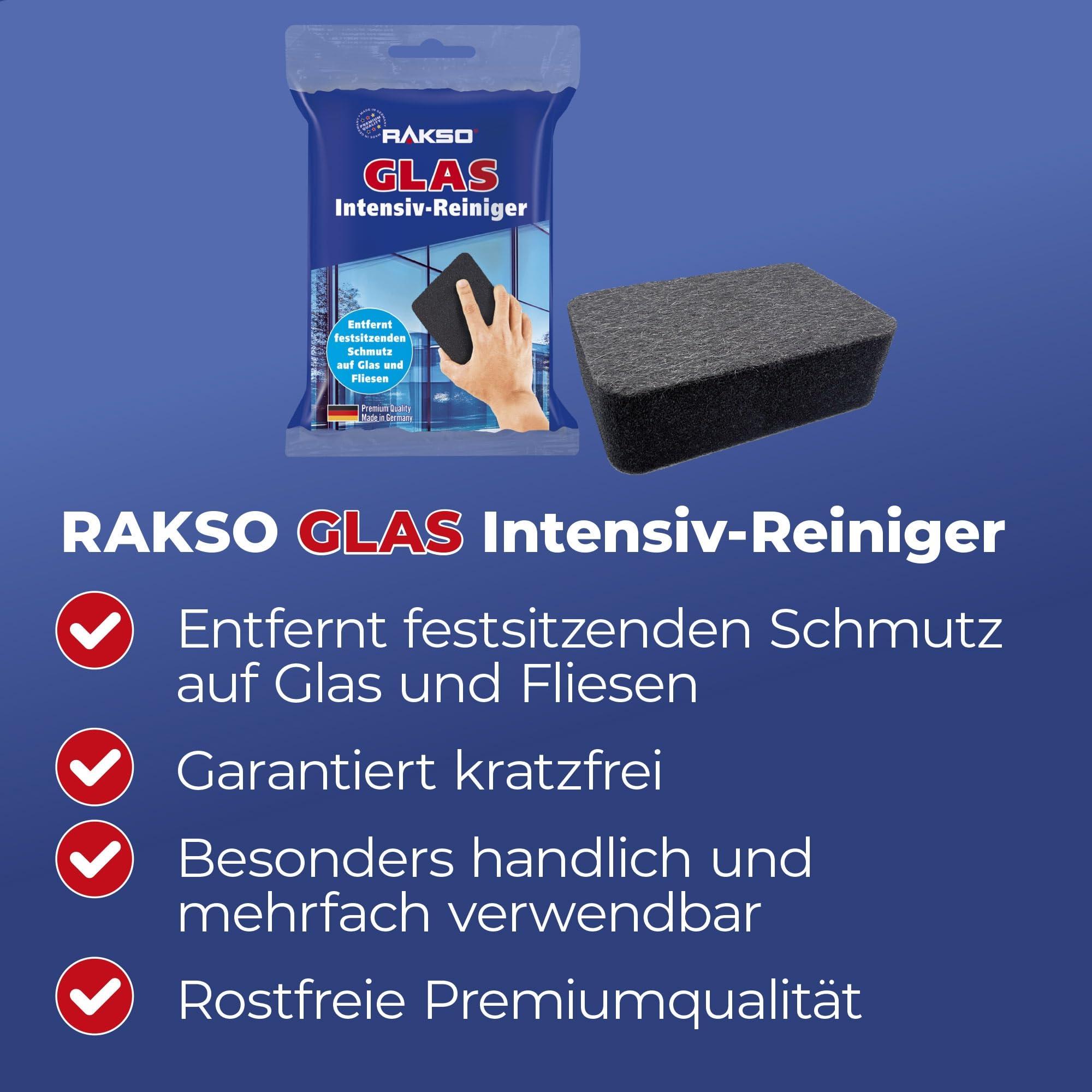 RAKSO Glas-Intensivreiniger - 9 Scheibenreiniger, 9x1 Stk. aus Edelstahlwolle, kratzfrei, Glasreiniger & Fliesenreiniger für Wand/Boden-Reiniger