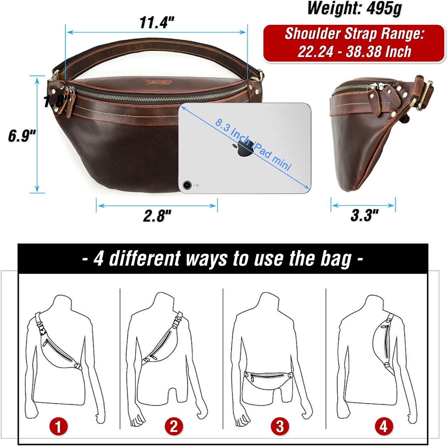 Top Grain Genuine Leather Slim Fanny Pack for Man & Woman, Minimalist Vintage Design, Handmade with Detachable Hardware, Slim Waist Pack Large Crossbody Belt Bag for Traveling or Riding, Coffee - Image 4
