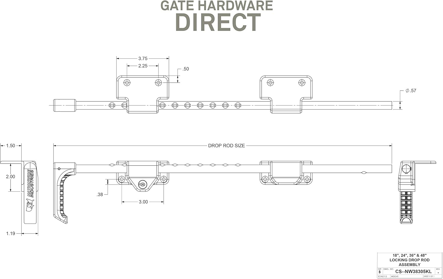 Black 24 Inch Key-Lockable Stainless Steel Drop Rod | Keyed Alike | NW38305KL-24SSB
