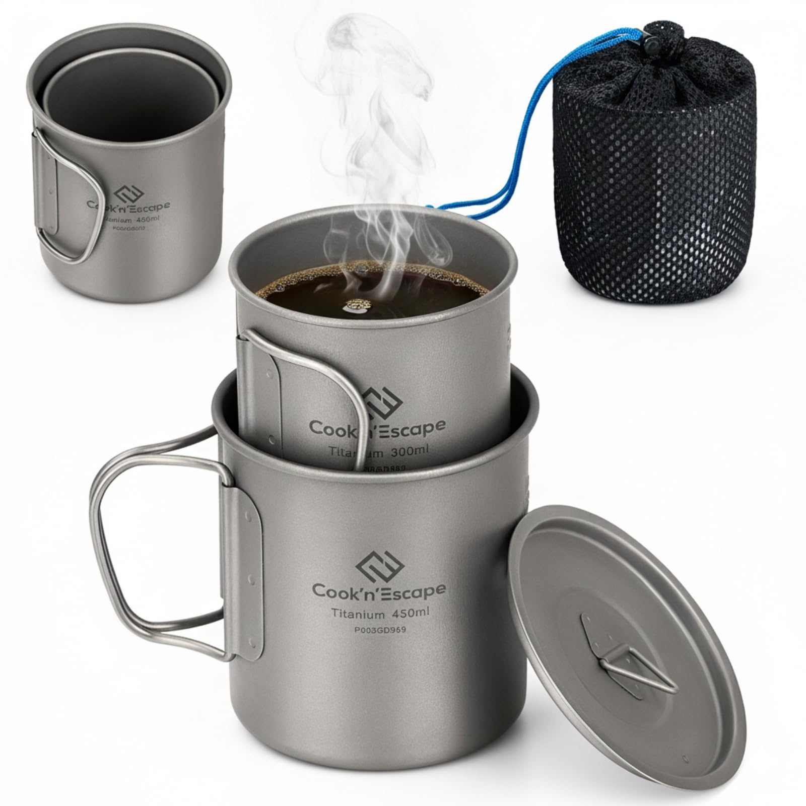 COOK'N'ESCAPE チタンマグ セット 300ml+450ml 軽量 頑丈 直火 シングルマグ アウトドアマグカップ 折りたたみハンドル 専用収納袋付 Amazon.co.jp: COOK'N'ESCAPE チタンマグカップセット 300ml＋450ml