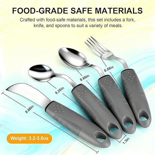 Miniatura 2 de Haiou Juego de cubiertos adaptativos de 4 piezas, utensilios en ángulo de 42 para pacientes de Parkinson y ancianos con temblores de mano (gris para
