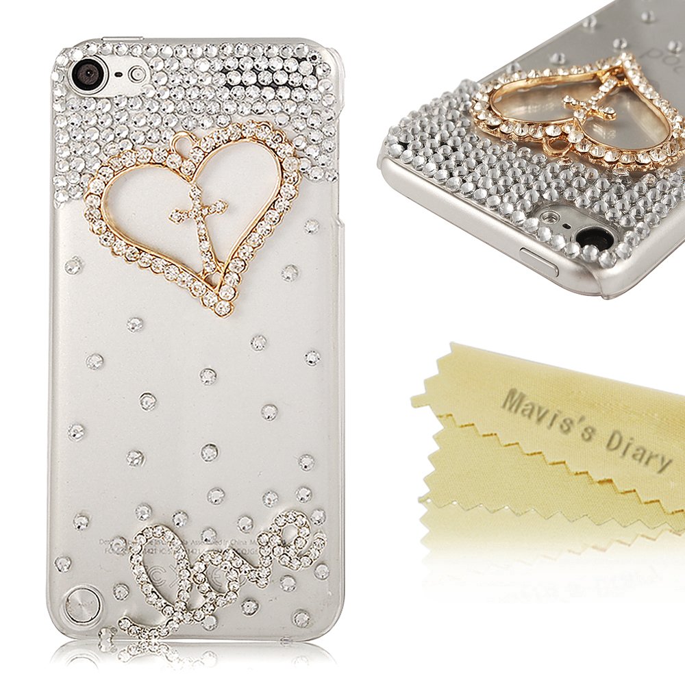 Mavis's Diary New 3D Handmade Luxury Crystal Love Heart Diamond Case Clear Cover for iPod Touch 5 with Soft Clean Cloth (Heart with Cross)
