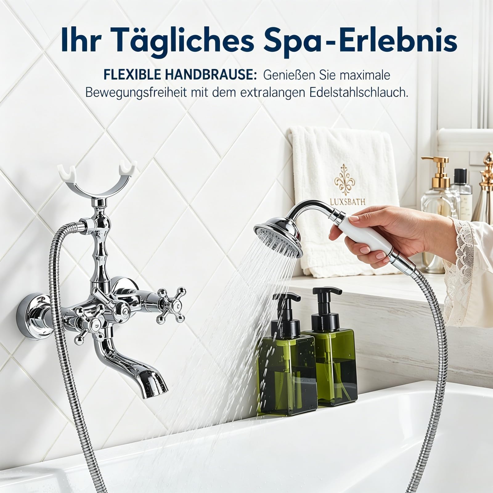 Retro Badewannenarmatur mit Handbrause, Chrom Wannenarmatur mit Brause Duschkopf, Duscharmatur Wasserhahn Badewanne Set für Bad Dusche, 1,5m Duschschlauch
