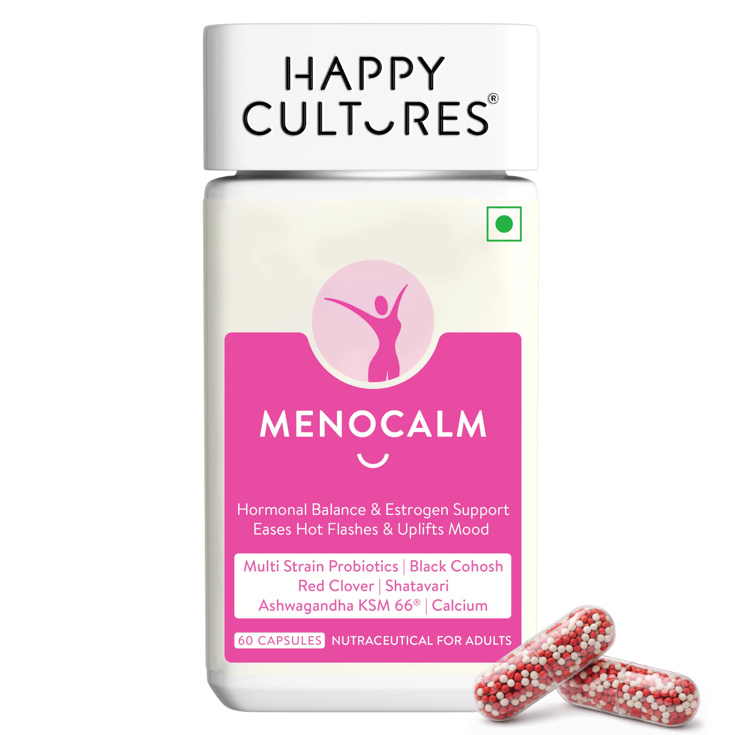 happy cultures menoclam with vit d3,k2,b7, & b12 60 capsules |shatavari|calcium | balck cohosh | red clover multi strain probiotics