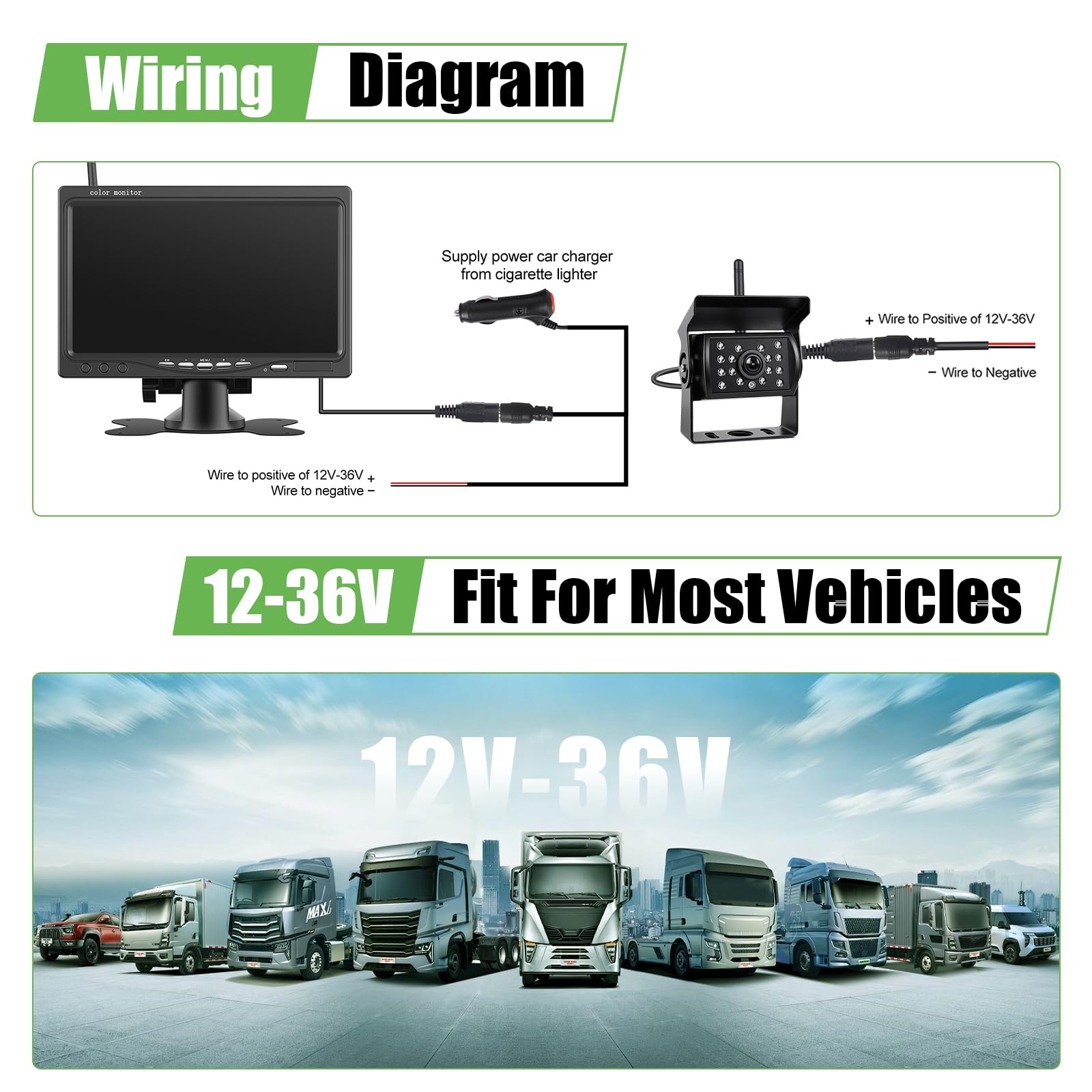 Set di telecamere di retromarcia wireless 1080P HD, monitor LCD da 7" con 2 telecamere per rimorchi, camper, camion, auto, autobus, linee guida DIY, impermeabile IP68, visione notturna, BSD, 12V-36V