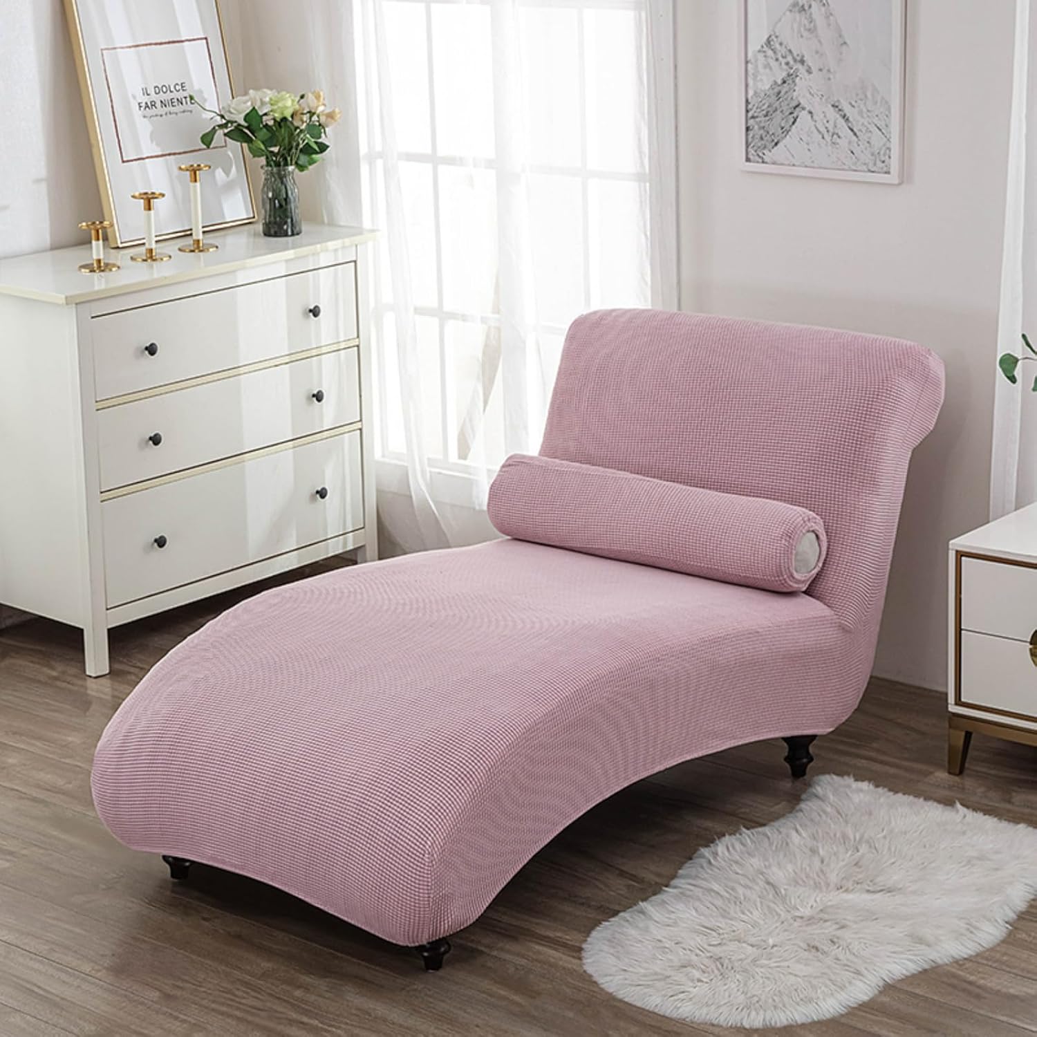 Stretch Chaise Lounge Cover Indoor, Armless Chaise Chair Slipcover Furniture Protector Chaise Slipcover for Living Room Machine Washable (Pink Colour)