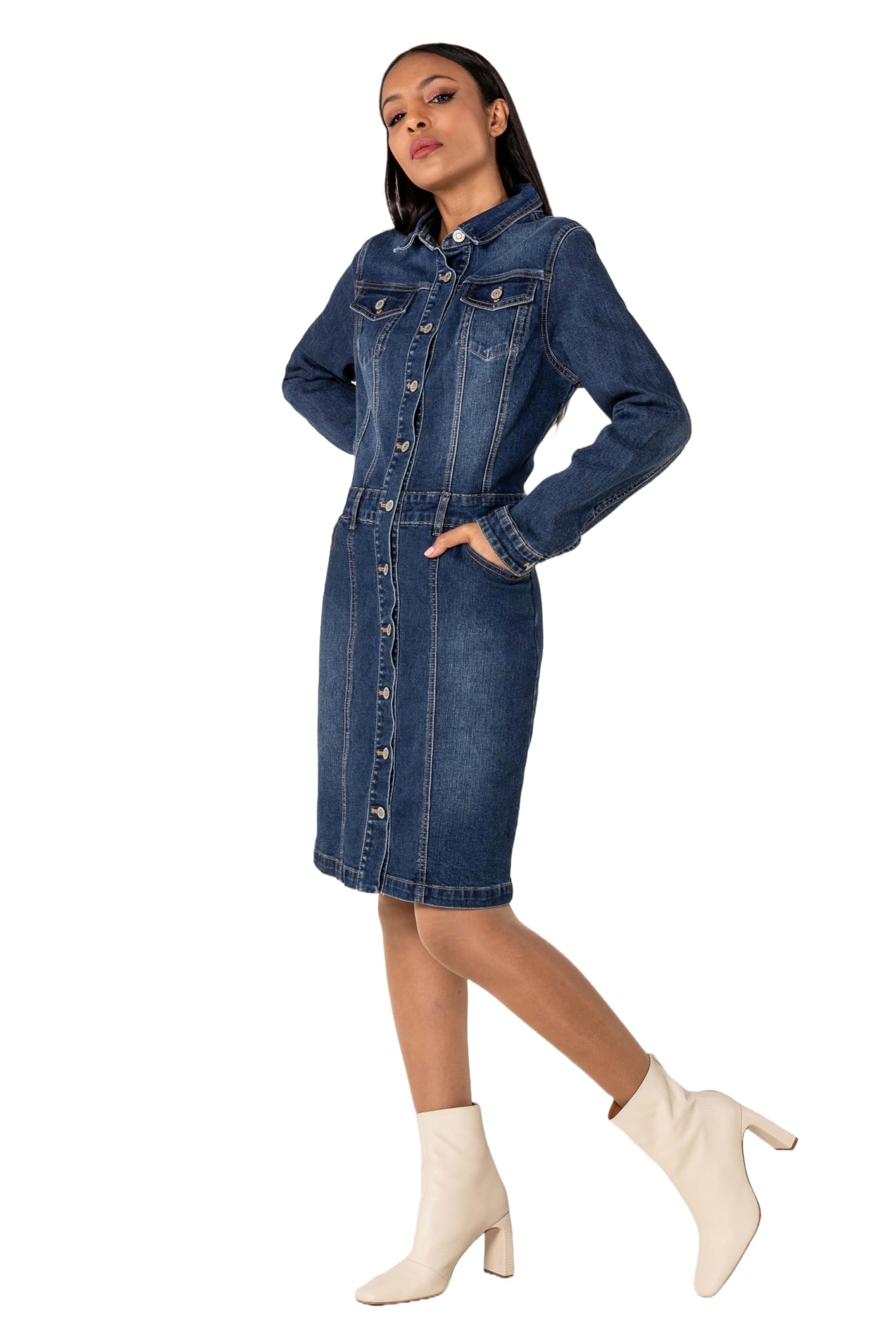 Nina Carter S538 Damen Jeanskleid mit Knöpfen Langärmlig Denim Kleid Stretch Knielang Blusenkleid Used-Look