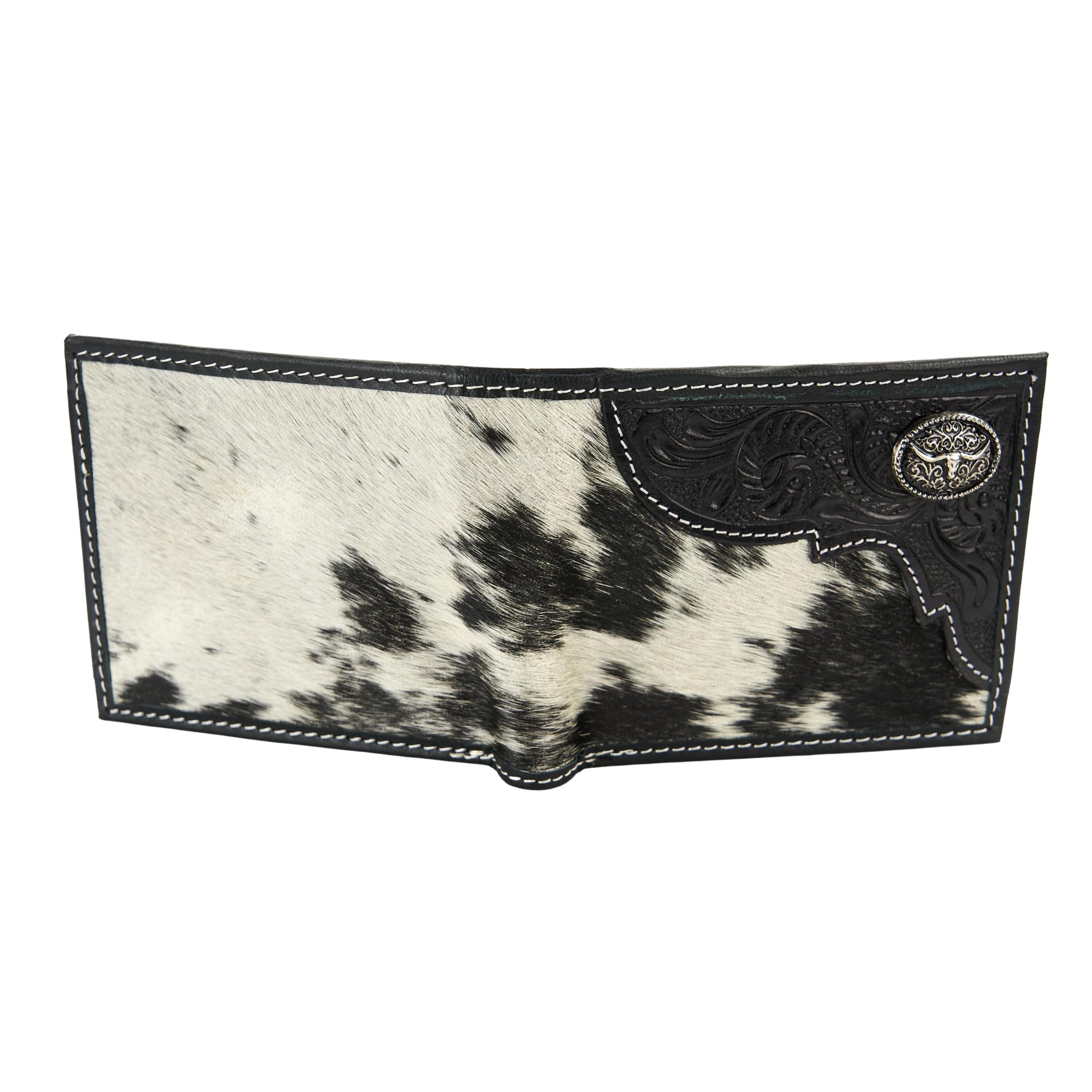 American Bison Portafoglio bifold da uomo in vera pelle bovina nera Hair-on-Hide - Portafoglio Western in vera pelle con disegni Concho, nero, 3,5 x 4,5 x 12,7 cm, Concho Longhorn