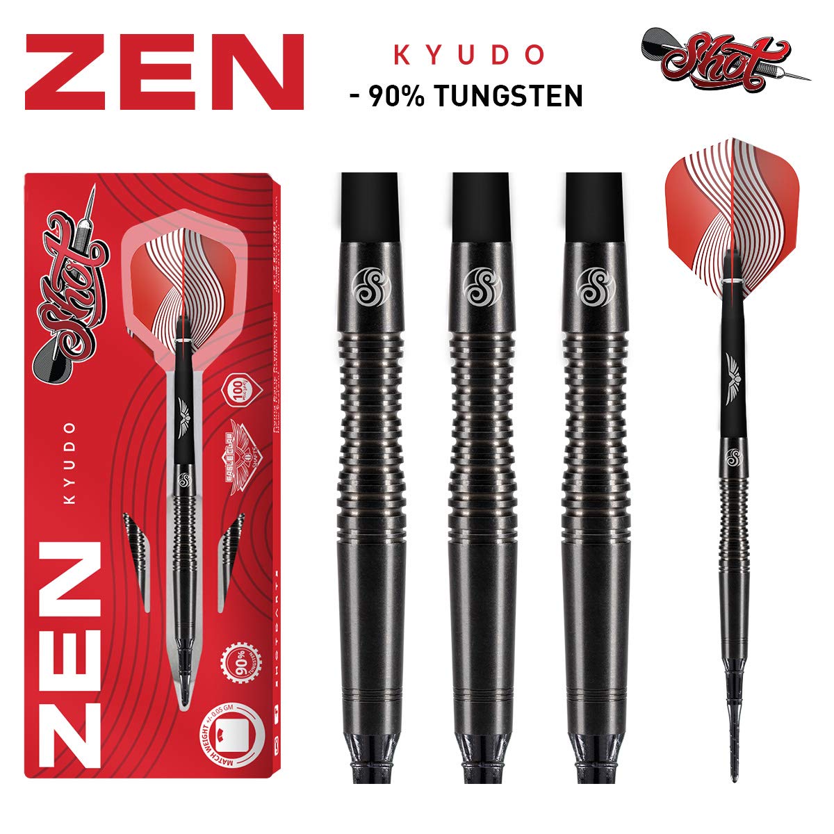 Shot Darts Soft Tip, Zen Kyudo (18g / 20g), 90% Tungsten Barrels, Center Weighted for Maximum Aerodynamics Handcrafted Professional Dart Set and Flights Made in New Zealand Plastic Tip Bar Darts