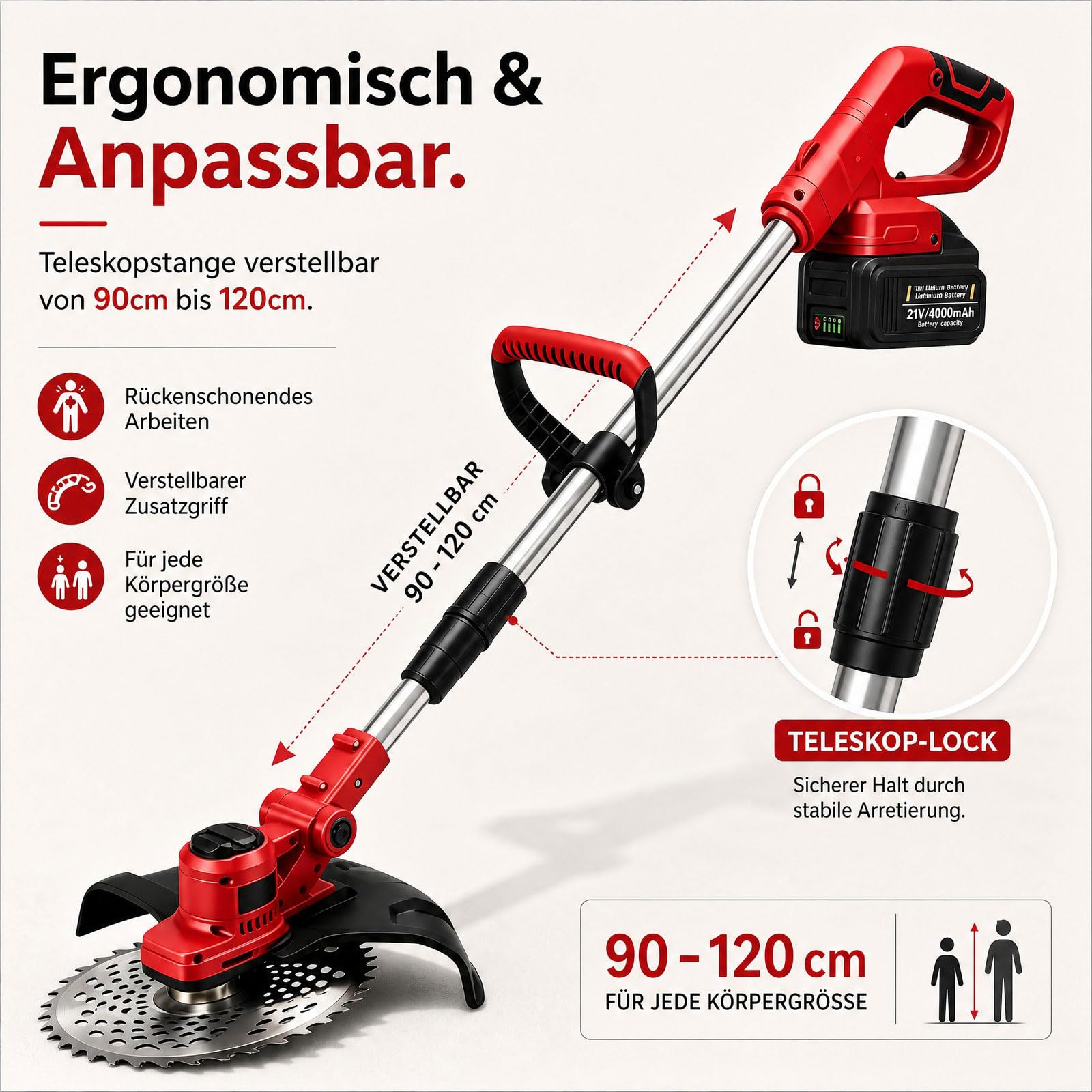Rasentrimmer mit Akku, Akku Rasentrimmer 21V mit Unkrautbürste, 2X4.0Ah Akku Freischneider, Tap&Go M10, für Garden Trimmen (Rot)