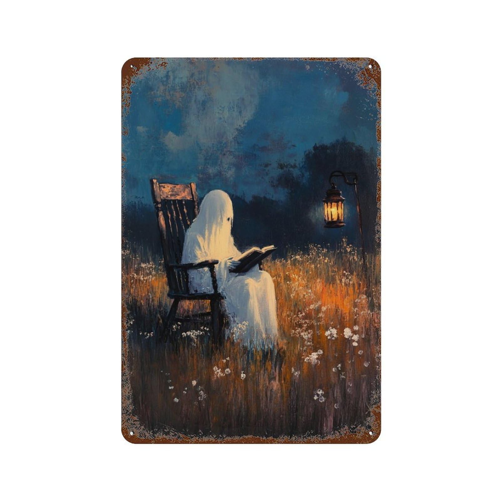 Ghost Reading Book in Field 11.8"x7.9" Decorative Tin Sign, Retro Wall Decor for Bistro, Counter And Cafe Decor