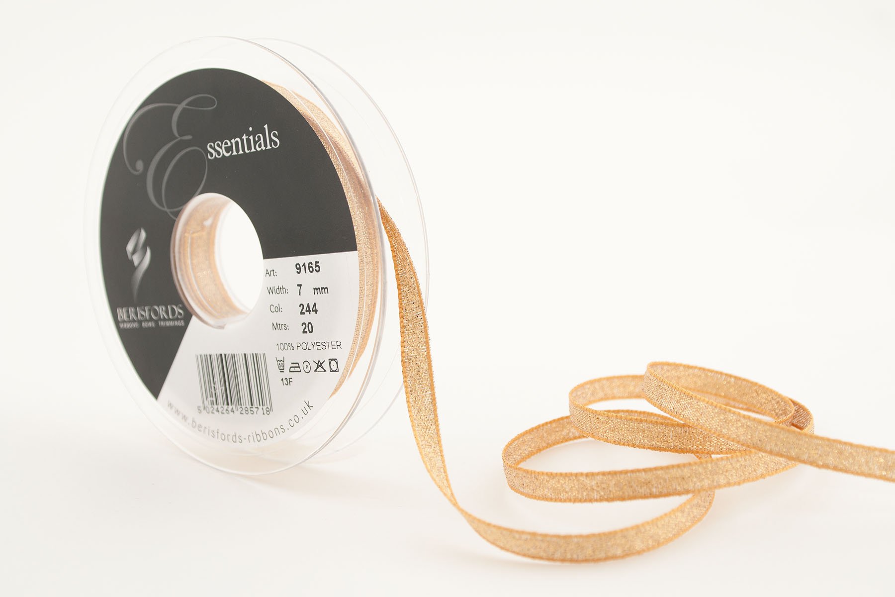 Berisfords 9165 20 m x 7 mm Glitz and Glamour Metallic Lame Ribbon, Dark Gold