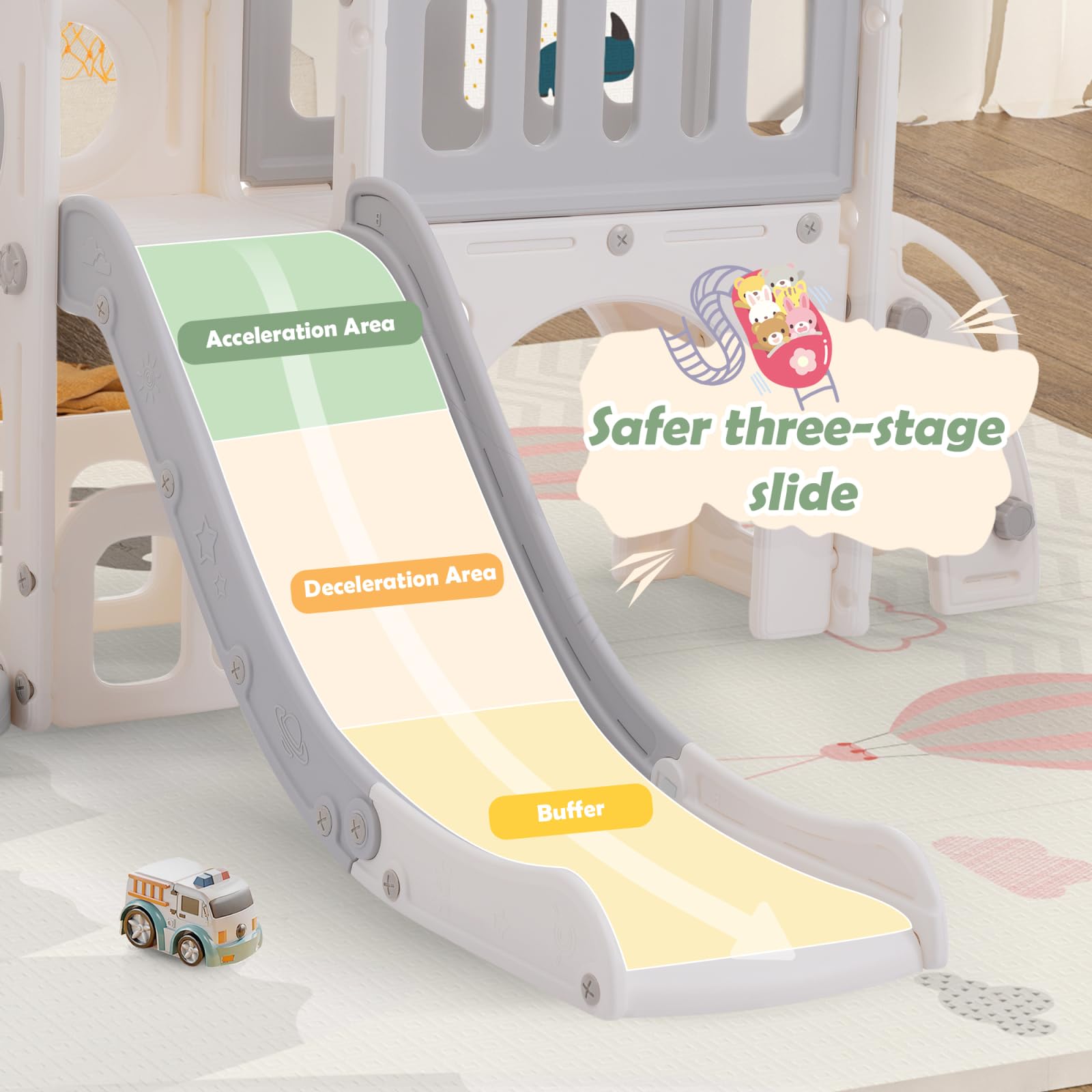 Rutsche und Schaukel für Kinder, 7-in-1Kinder Spielplatz mit Rutsche, Schaukel, Basketballkorb, Klettern,Treppe, Bohrspiel und Stauraum - Rutsche Set für Kindergeschenk