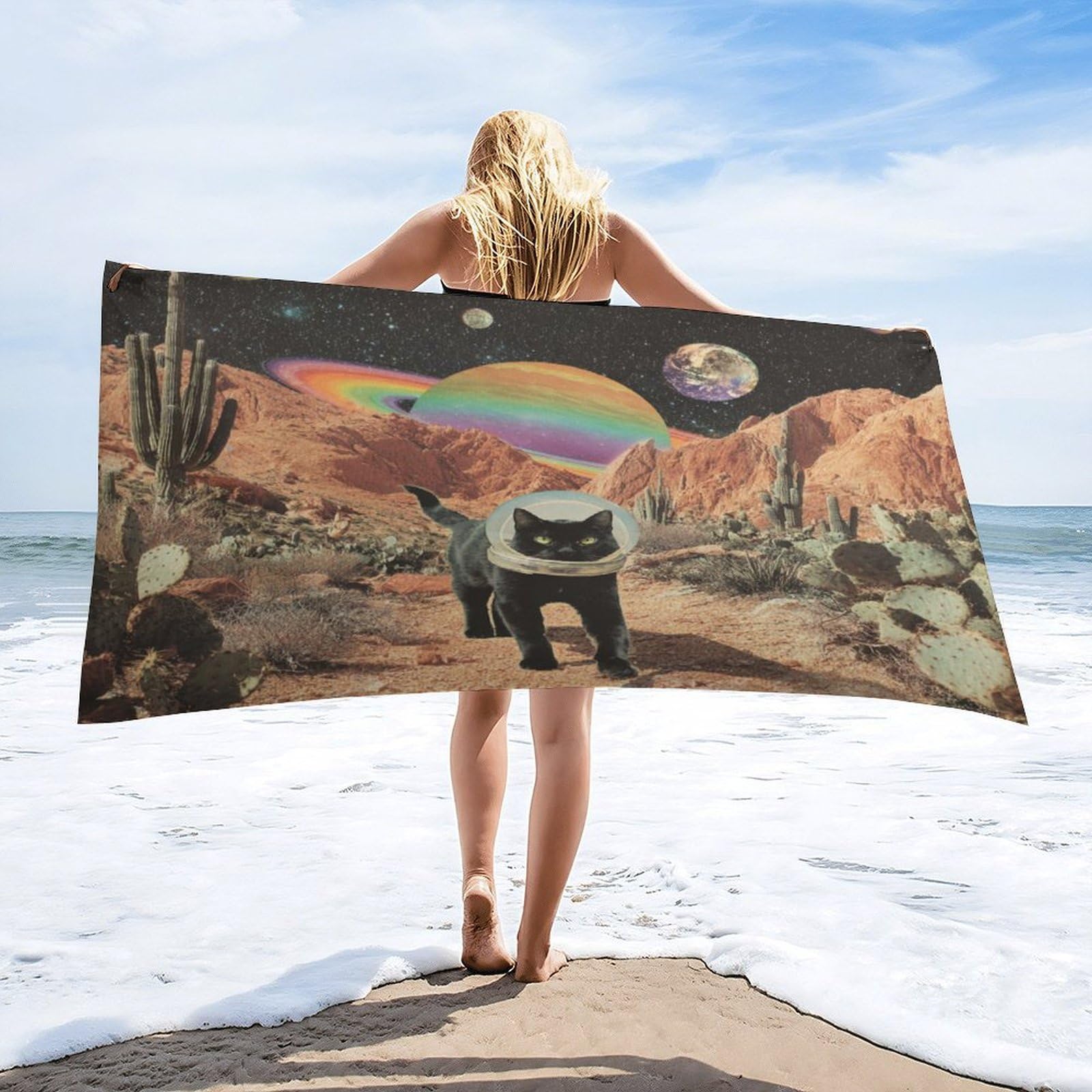 Luyysky Beautiful Abstract Black Cat Absorbent Beach Towel, Classic Alien Theme Outer Space Planet Animal Cat Plant Cactus Outdoor Single-Sided Velvet Beach Towel-80 W Cm X 160" L Cm