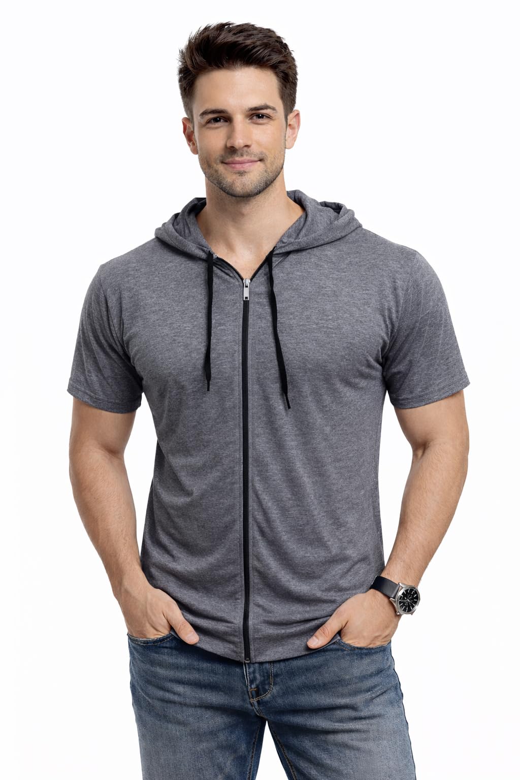 geum Men's Short Sleeve Hoodie T-Shirt with Button Placket | Casual Summer Hooded Tee-picture-30