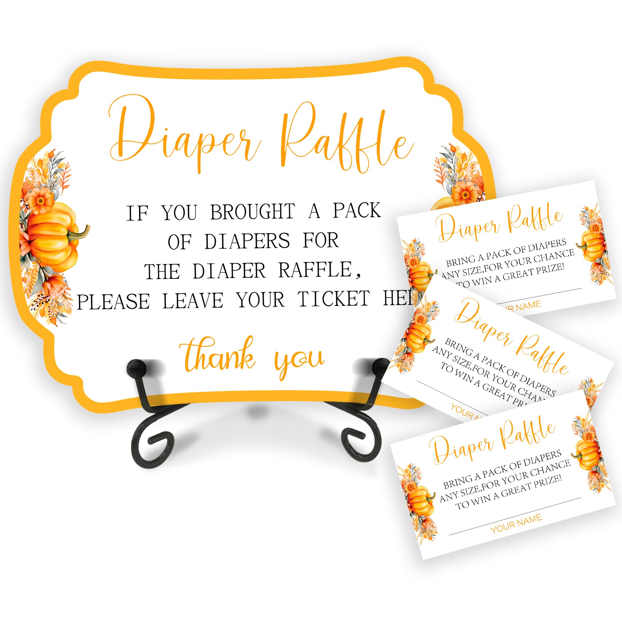 Baby Shower Diaper Raffle Wooden Sign Set, Autumn Pumpkin Wooden Sign With Self-Stand Support & 50 Diaper Raffle Tickets For Baby Shower, Baby Announcement, Gender Reveal, Party Supplies - A01