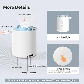 FLEXTAILGEAR Tiny Pump X Portable Air Pump+ Camping Light Ultra-Mini Air Pump with 1300mAh Battery USB Rechargeable for Sleeping Pads Pool Floats Air Bed Air Mattress Swimming Ring