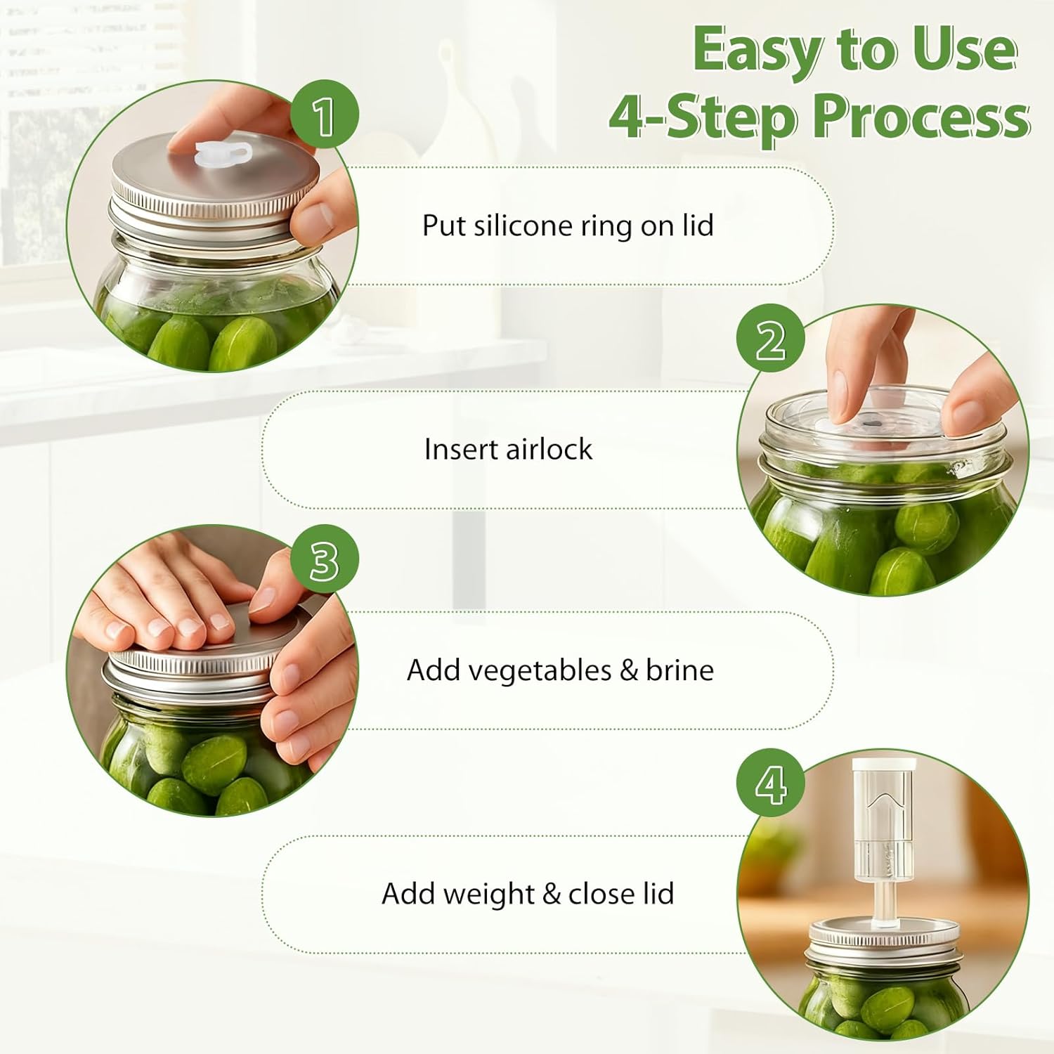 Fermentation Kit for Wide Mouth Mason Jars, 4 Easy-Lift Glass Weights, 4 Stainless Steel Fermentation Lids with Airlocks, 6 Silicone Rings and 6 Silicone Stoppers (Jars Not Included)