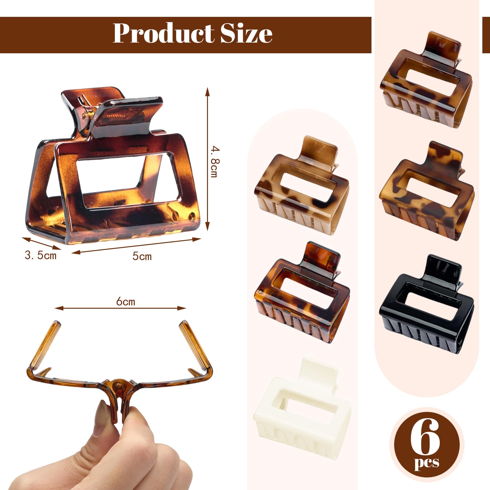 CharmBurst 6 Piece Rectangular Hair Clips, Medium-Size Clips Barrettes, Tortoiseshell Kawara Clips Barrettes - Image 2
