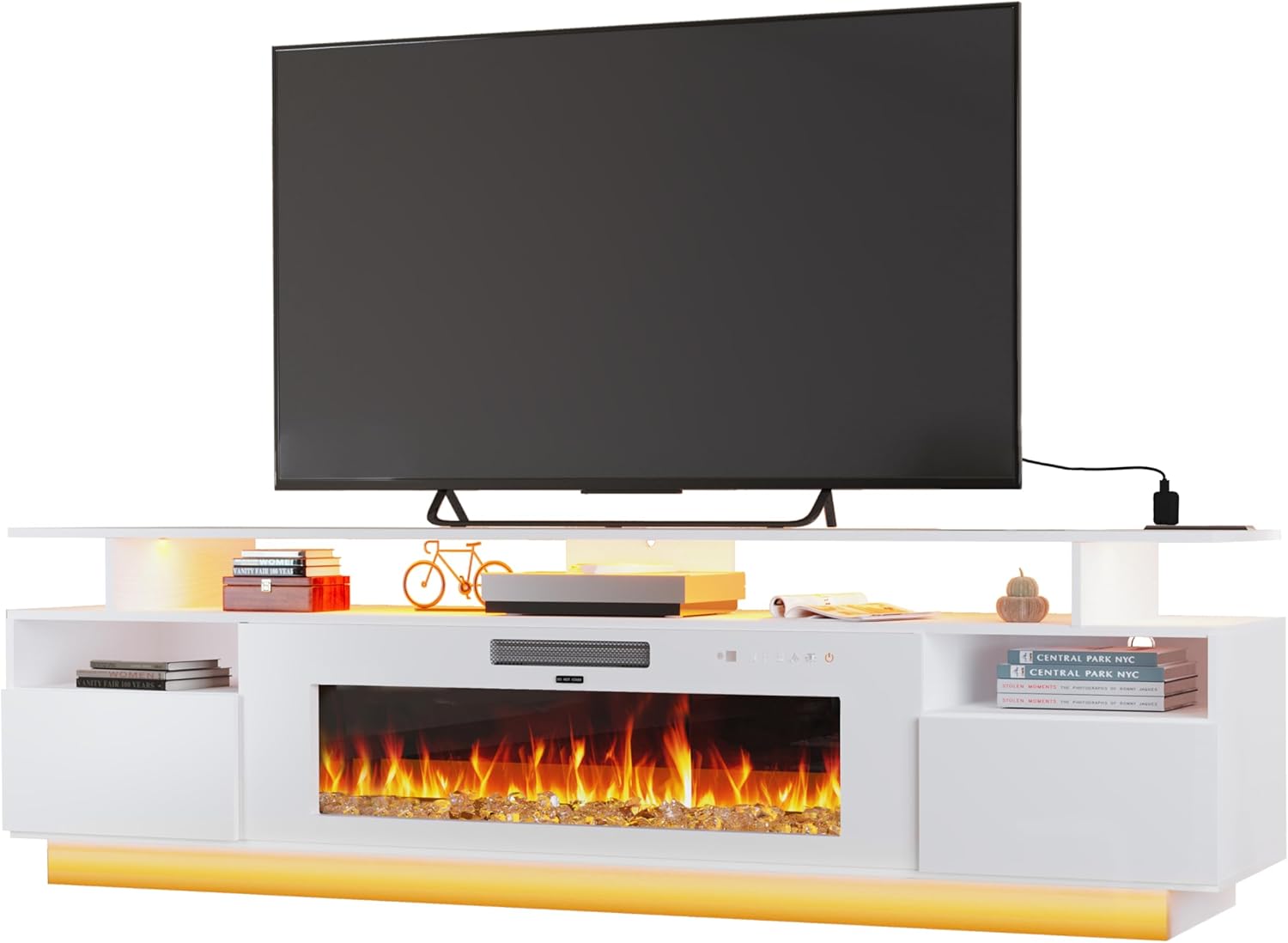 70" Fireplace TV Stand with 36" Electric Fireplace Entertainment Center with Charging Station and LED Light Console Table for Television up to 80 inch with Storage for Living Room