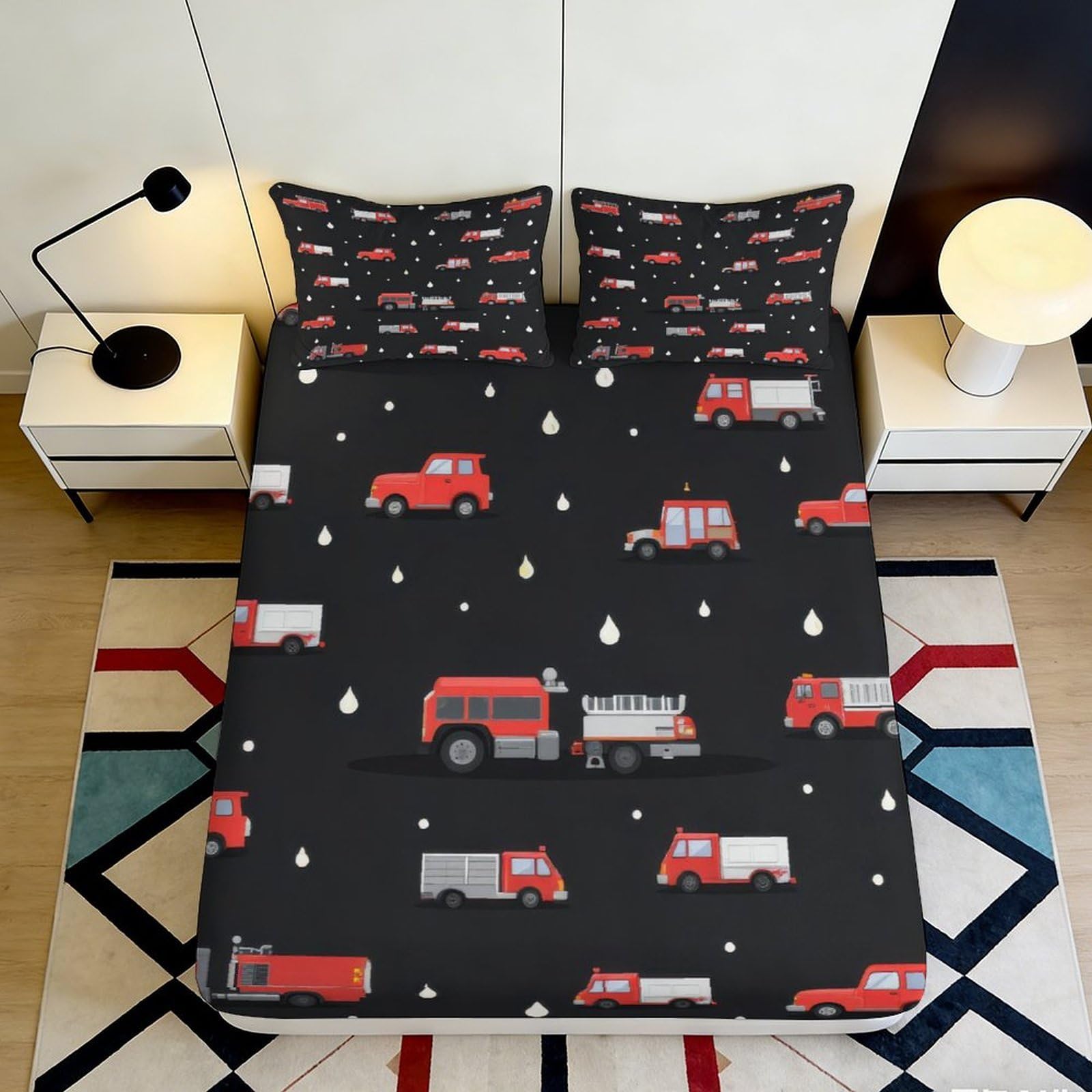 3D Printed Fire Truck Fitted Sheet Microfiber Black Red Bed Sheet for Bedroom Dorm Mattress Protection Decor 90x200x25cm