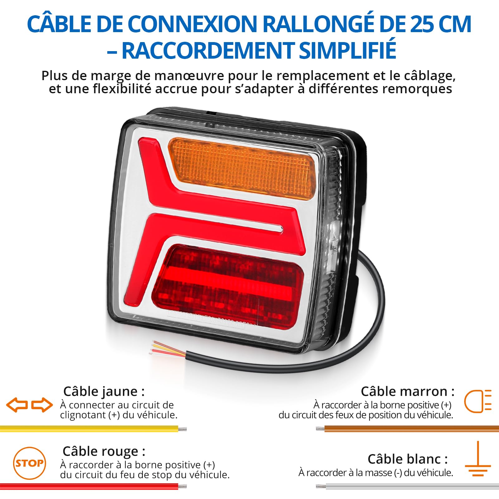 Feux arrière 35 LEDs pour remorque 12V IP67 avec fonctions Stop et Position Séparées, Homologués ECE R148/R10, Câble de 25 cm pour caravane, camping-cars, machines agricoles