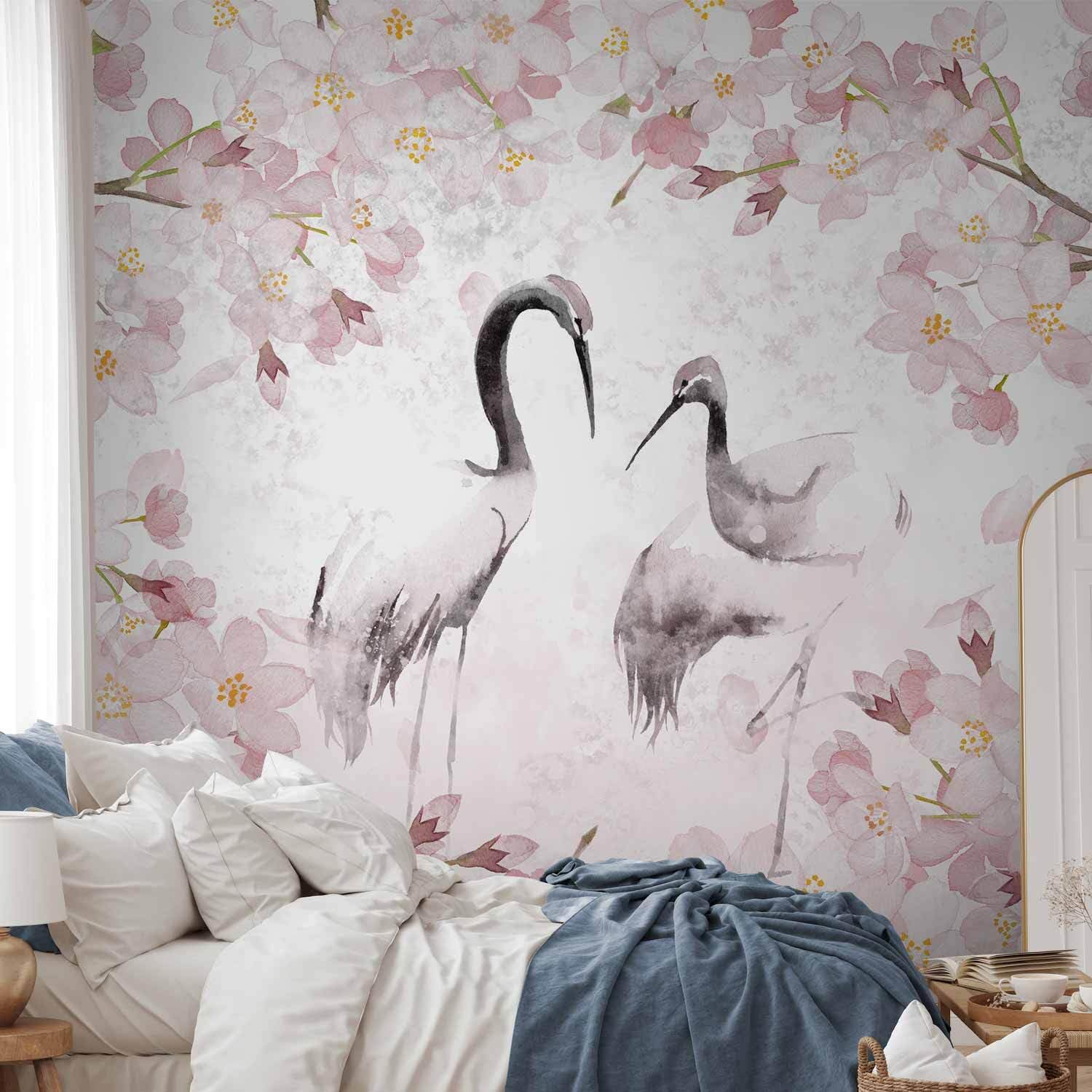 decomonkey Premium Fototapete Vögel, 350x256 cm, Blumen Pflanzen Rosa | Vlies, Schlafzimmer, Wohnzimmer, Tapete, Fototapeten, Tapeten, Vliestapete, Wandtapete, moderne, Wand, Wandbild