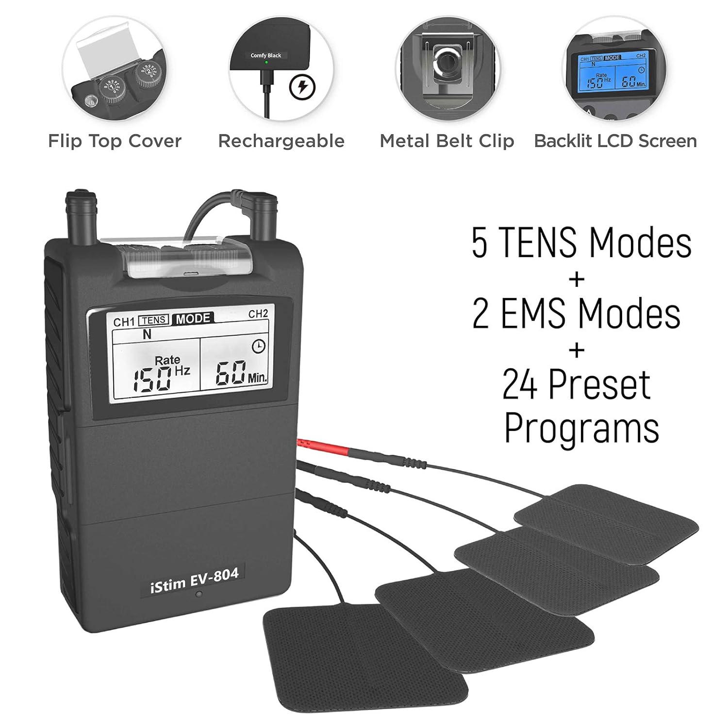 iStim EV-804 TENS/EMS 2 Channel Rechargeable Combo Machine Unit - Muscle Stimulator + Back Pain Relief and Management- 7 modes/24 Programs/Backlit (Including Electrodes Pads) : Health & Household
