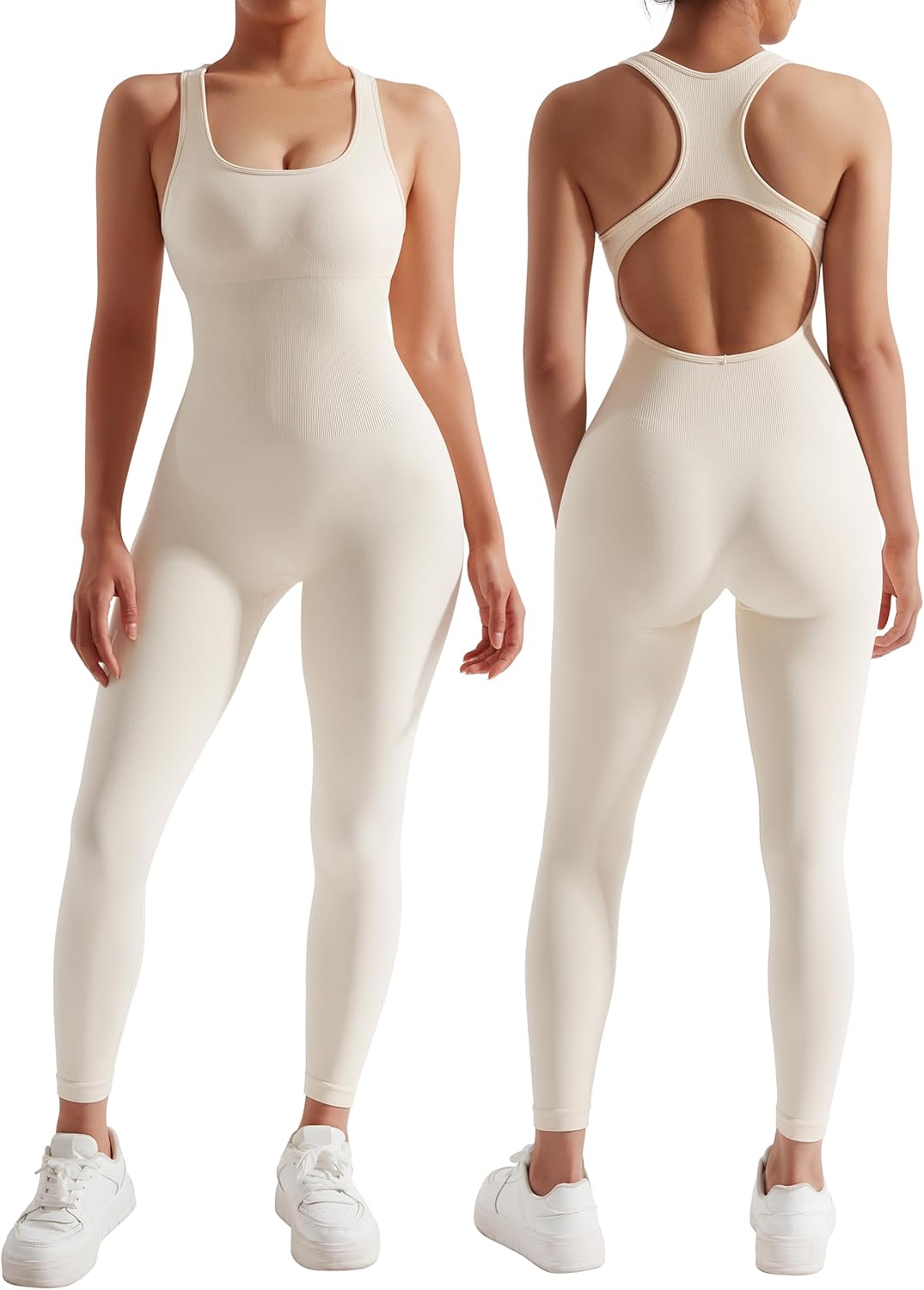 RXRXCOCO Women Backless One Piece Jumpsuits Sleeveless Scoop Neck Bodycon Romper Seamless Workout Yoga Jumpsuits