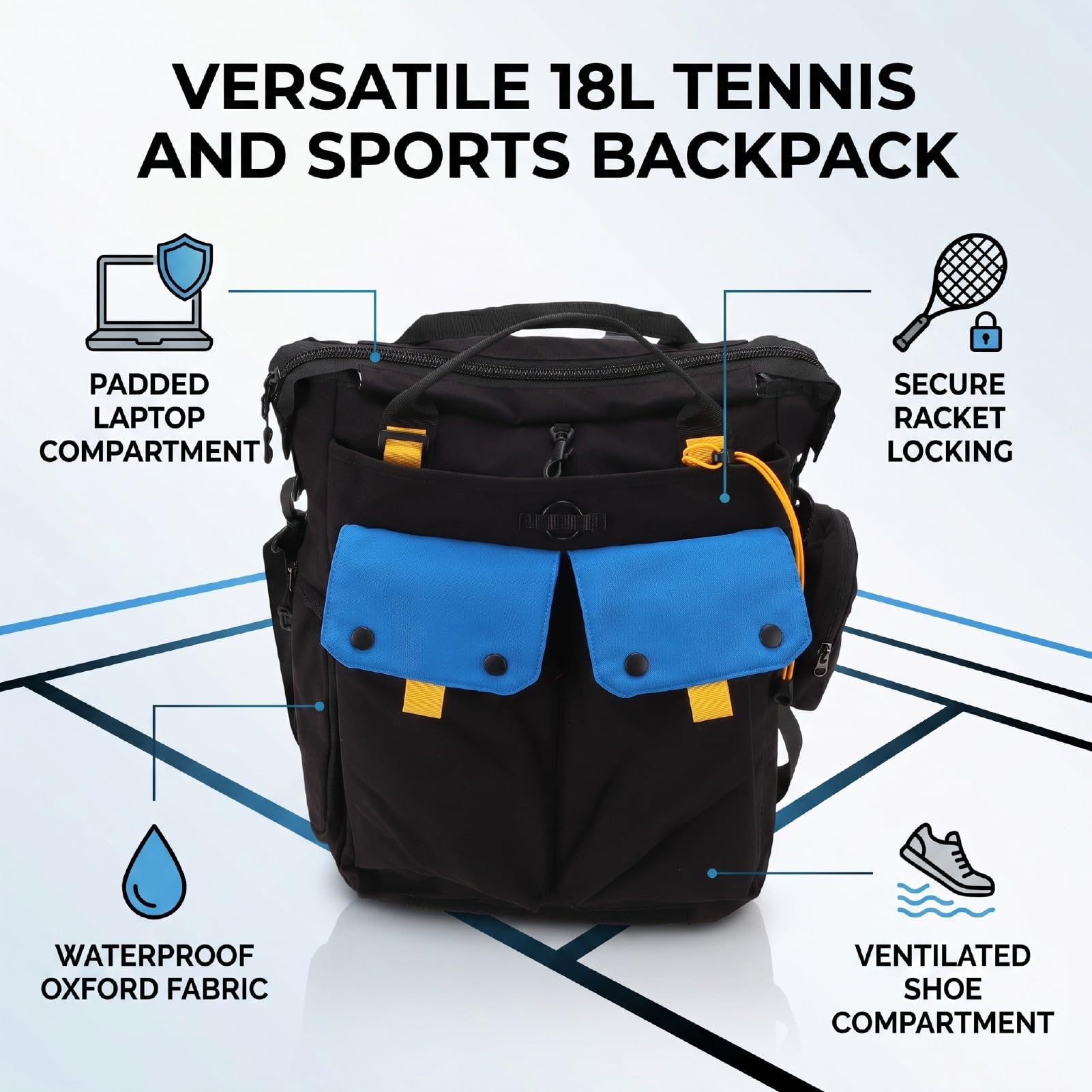 Cosiki Zaino da Tennis con Scomparto per Laptop e Porta Scarpe Ideale per Sport All'aria Aperta Borsa da Palestra Tessuto Oxford da 18 Litri