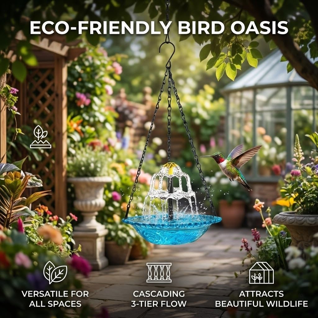 Solar Hanging Bird Bath Fountain with Solar Pump, Cascading Outdoor Water Fountain with Glass Bowl, Decorative Hanging Bird Bath for Garden, Yard, Patio, Porch, Tree (Grey)