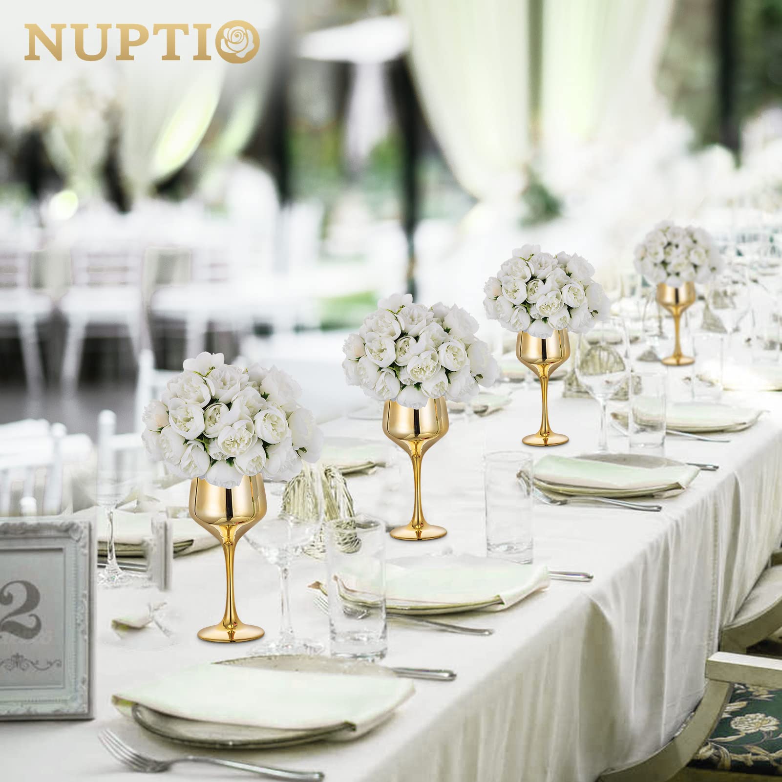 NUPTIO Piccolo Vaso di Vetro con Fiori: 2 Set 21cm Vasi D'oro con Fiori Artificiali Bianchi per Centrotavola Matrimonio, Finta Peonia Composizione Bouquet per Festa Compleanno Decorazioni per Casa