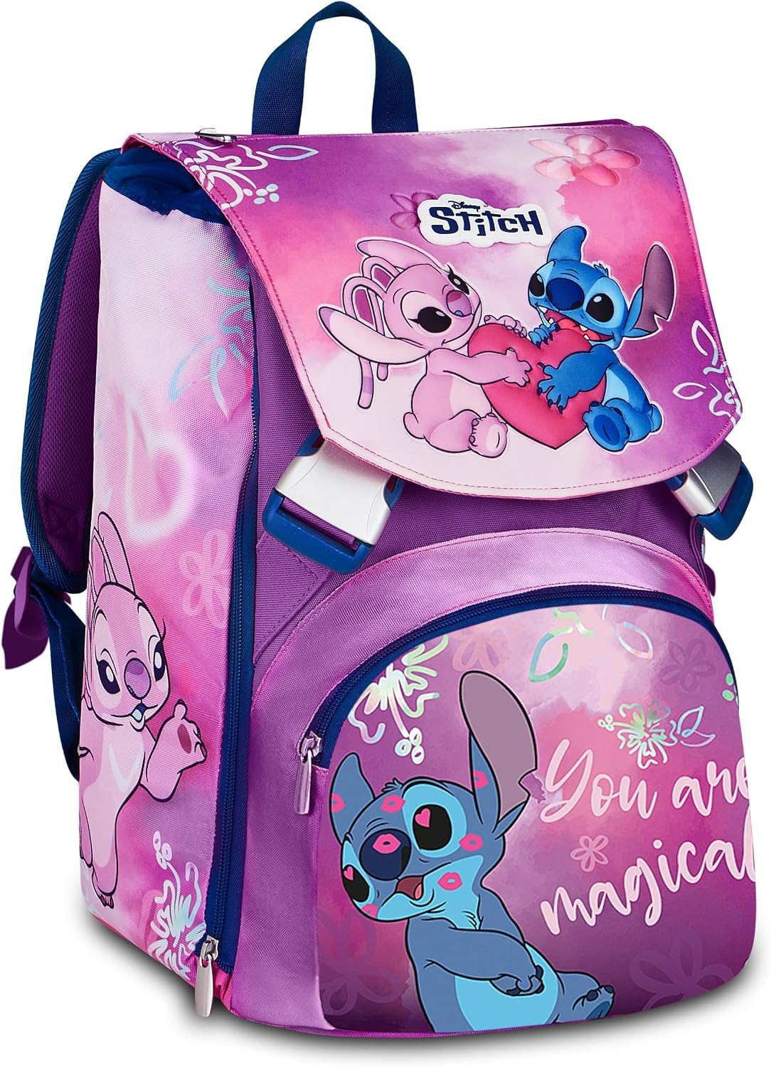 Set Scuola 2 Pezzi Per Stitch Seven Fan Zaino Scuola Elementare Bambina + Astuccio 3 Scomparti Completo (44 Accessori) - School Pack Bambini