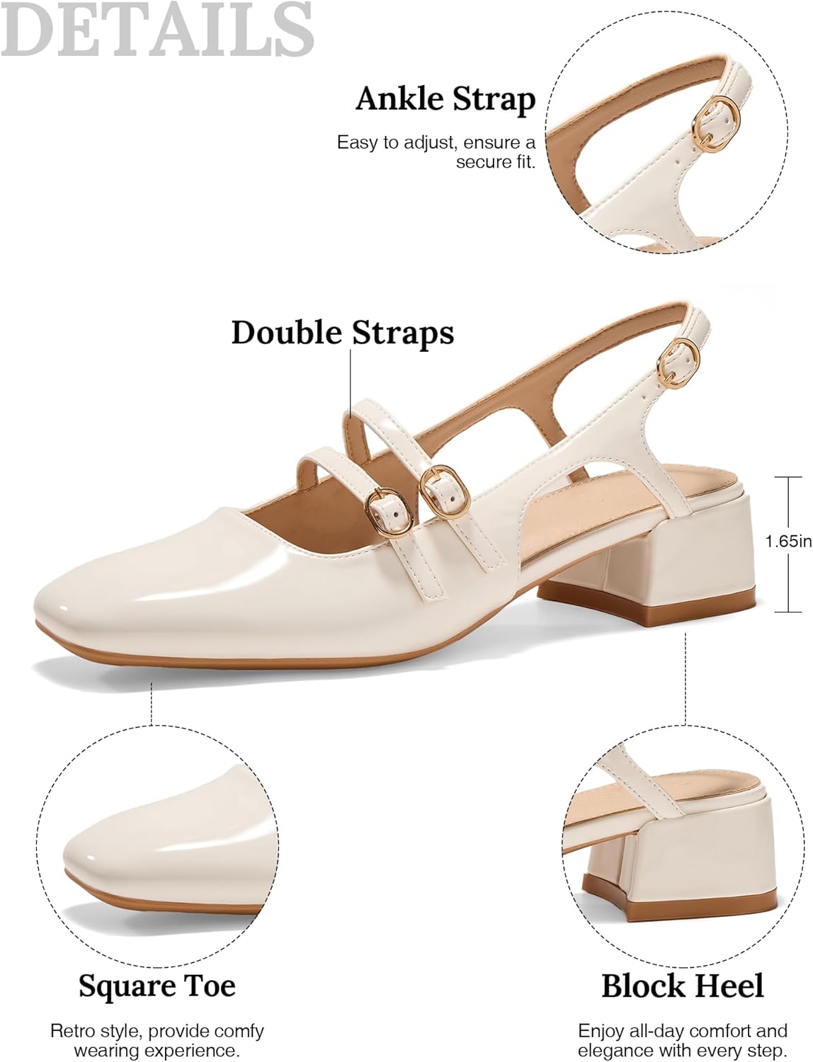 Women's Mary Jane Chunky Low Block Heels Slingback Pumps Closed Square Toe Double Strap Wedding Dress Shoes