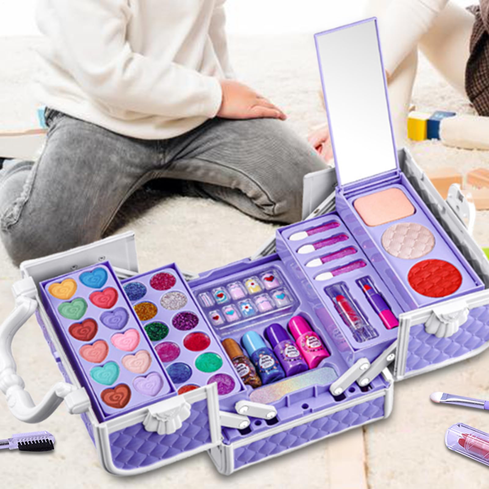 Kit di trucco per ragazze reali: set di giocattoli per il trucco | Lavabili, 43 pezzi, set di simulazione, cosmetico con manico viola, per ragazze, ideale per spettacoli di danza, giochi